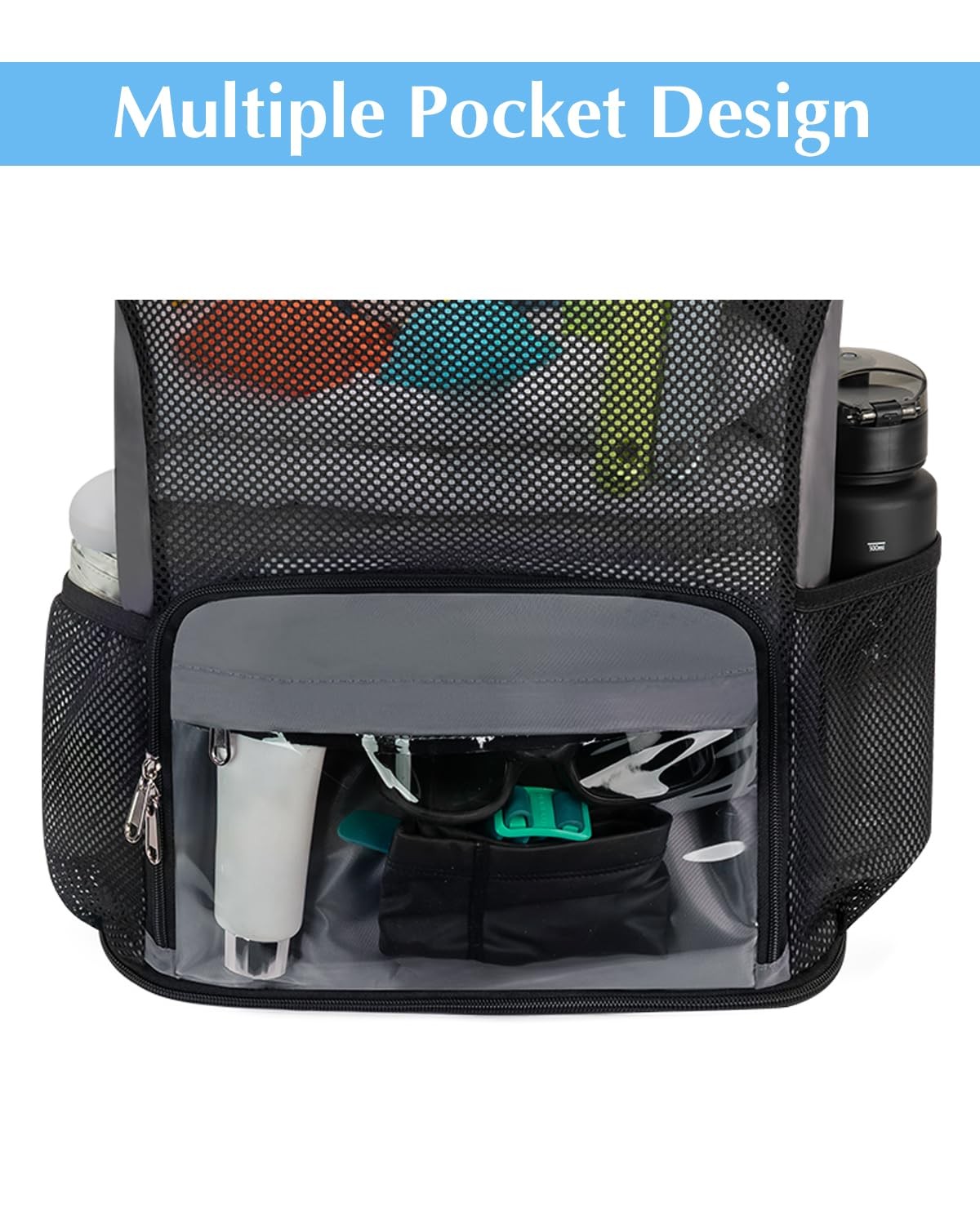 Drawstring Sandproof Beach Backpack Shoe Compartment Wet Pocket Swim Grey