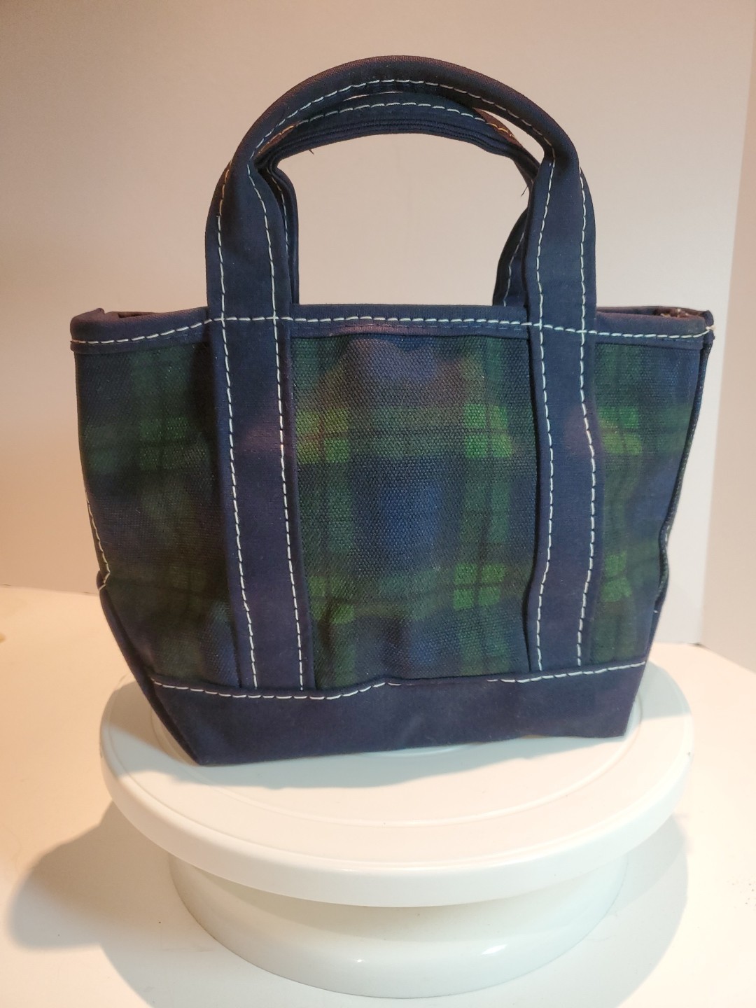 RARE LL BEAN Boat & Tote Mini Canvas Navy Green Tartan Plaid Made In USA HTF