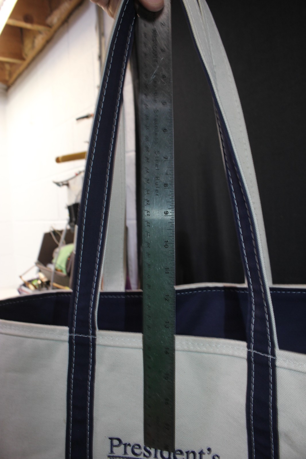 LL Bean Boat & Tote Bag Blue/Ivory Zip Top Made in USA Embroidered Logo 17″