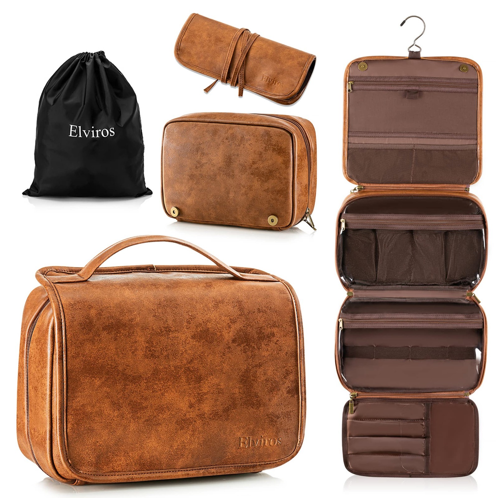 Elviros Hanging Toiletry Bag for Men Travel Essentials 3-in-1 1 Pack, Brown