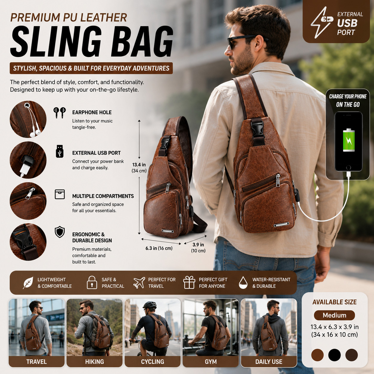 “Chest Crossbody Bag Sling Backpack for Men with USB Charge Port