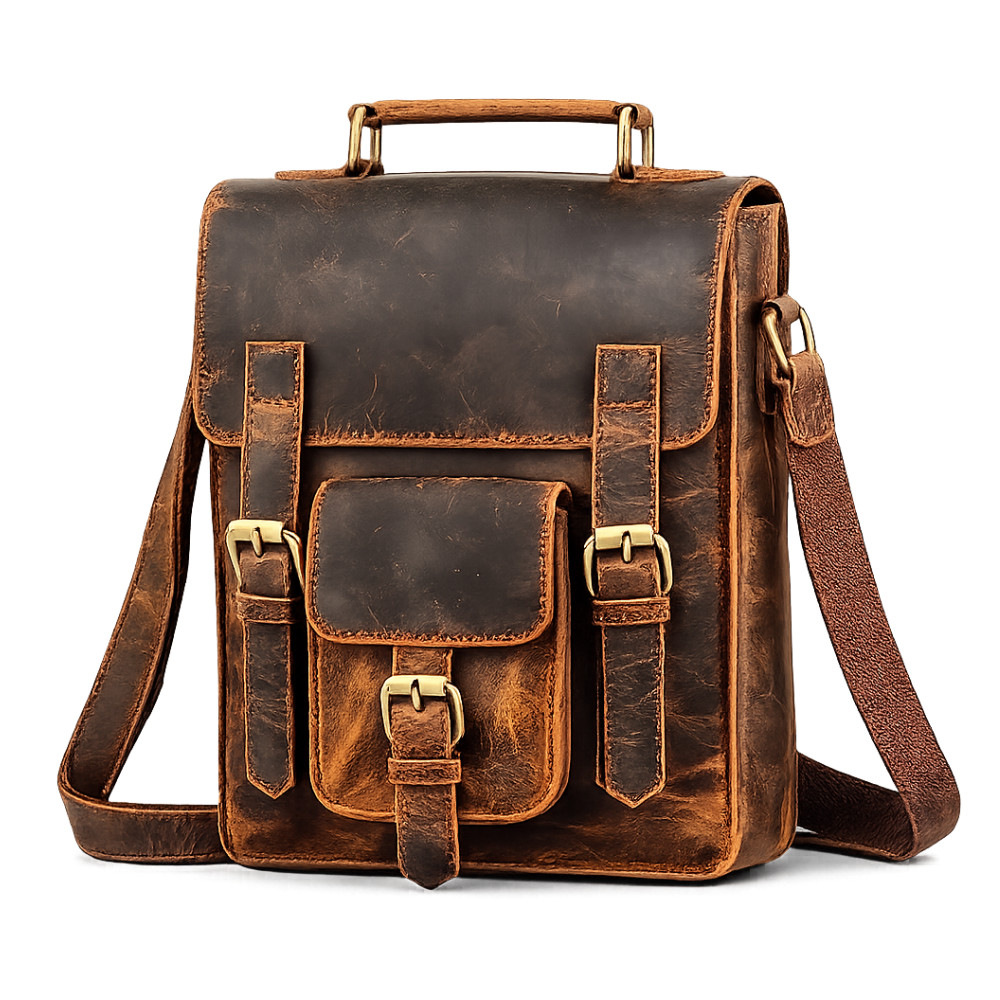 11″ Buffalo Leather Sling Bag Men’s Dark Brown Crossbody Messenger Bag for iPad