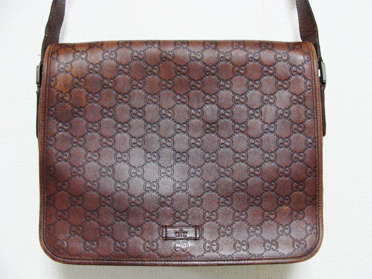 Gucci Guccissima Brown Shoulder Messenger Bag Leather Flap Used