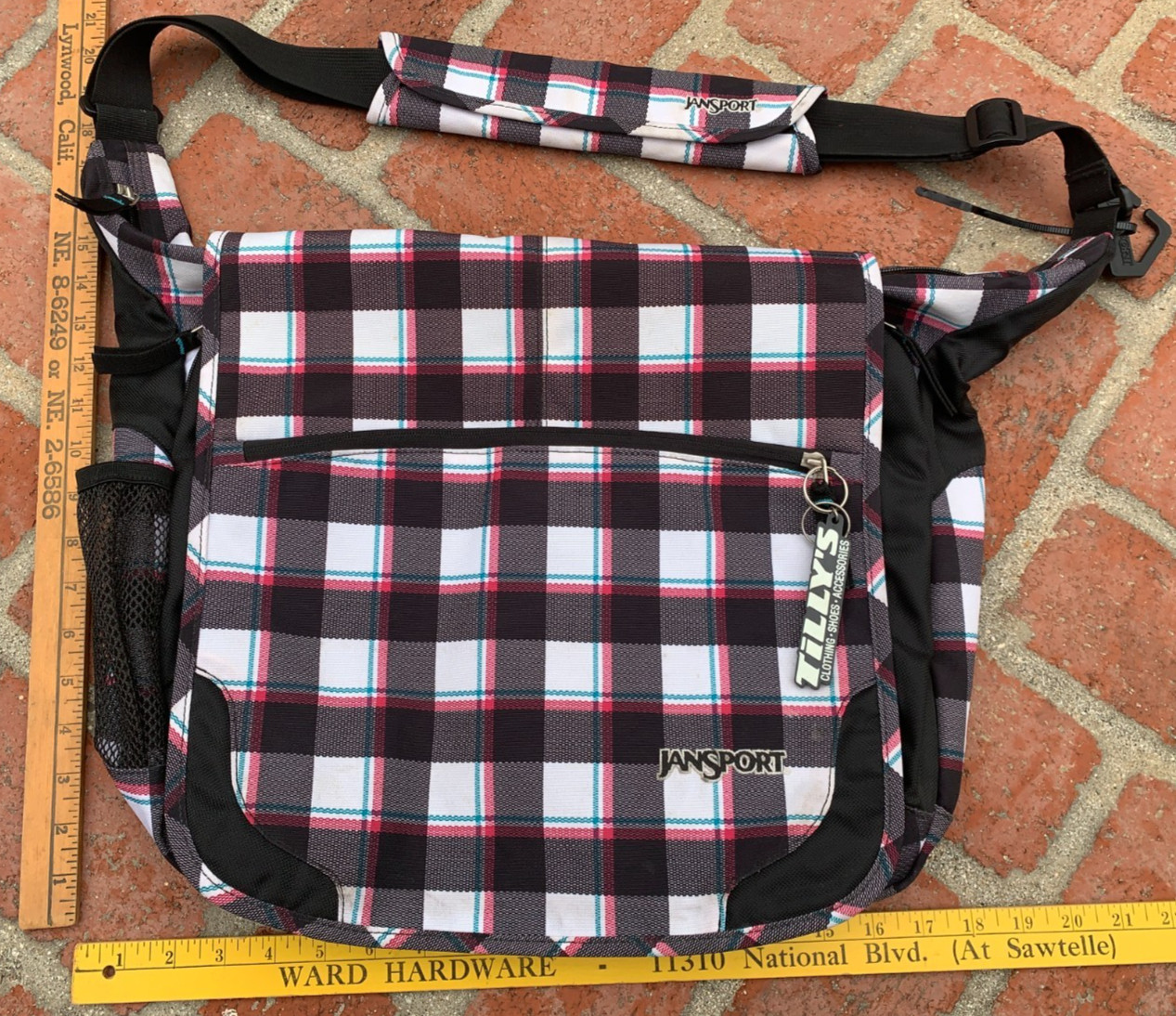 vtg JanSport🌀Crossbody Messenger Backpack 90’s plaid pink teal black white RARE