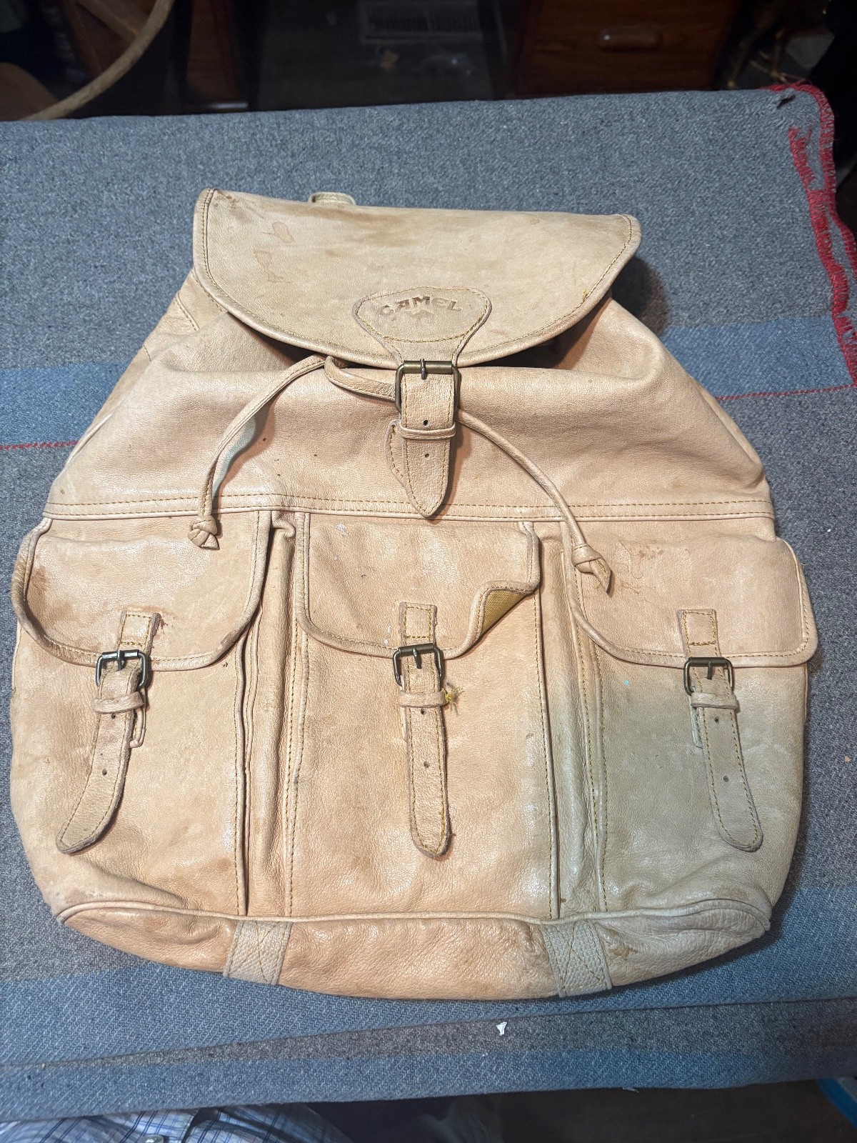 Vintage Genuine Leather Drawstring Backpack Tan Khaki Vintage Style Men’s Camel