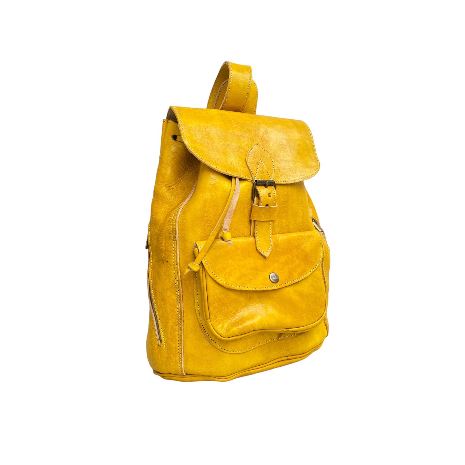 Yellow Leather Backpack Handmade Morocco Button Closure Back Zip Pocket