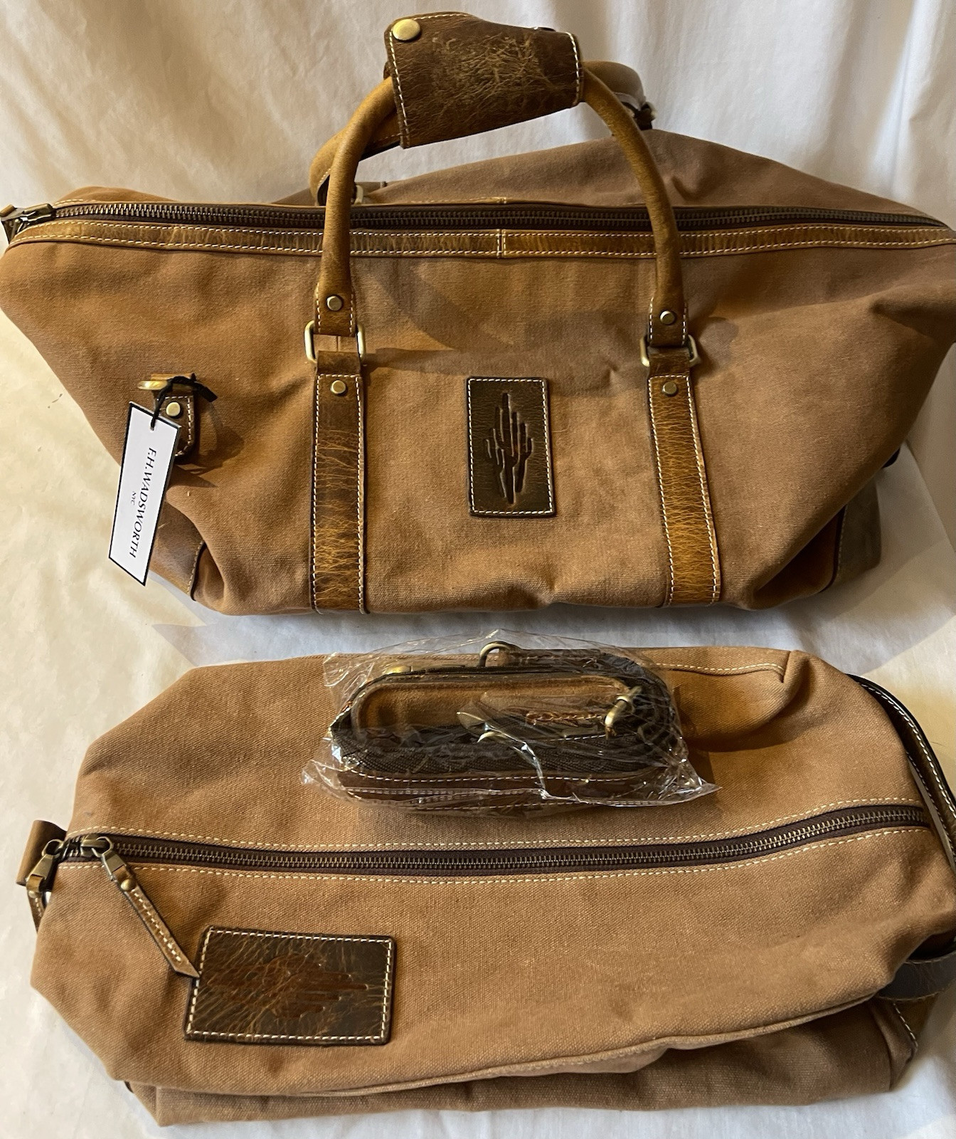 SET OF 2 F.H. WADSWORTH NYC LARGE DUFFLE BROWN CANVAS & LEATHER TRAVEL BAGS, NWT