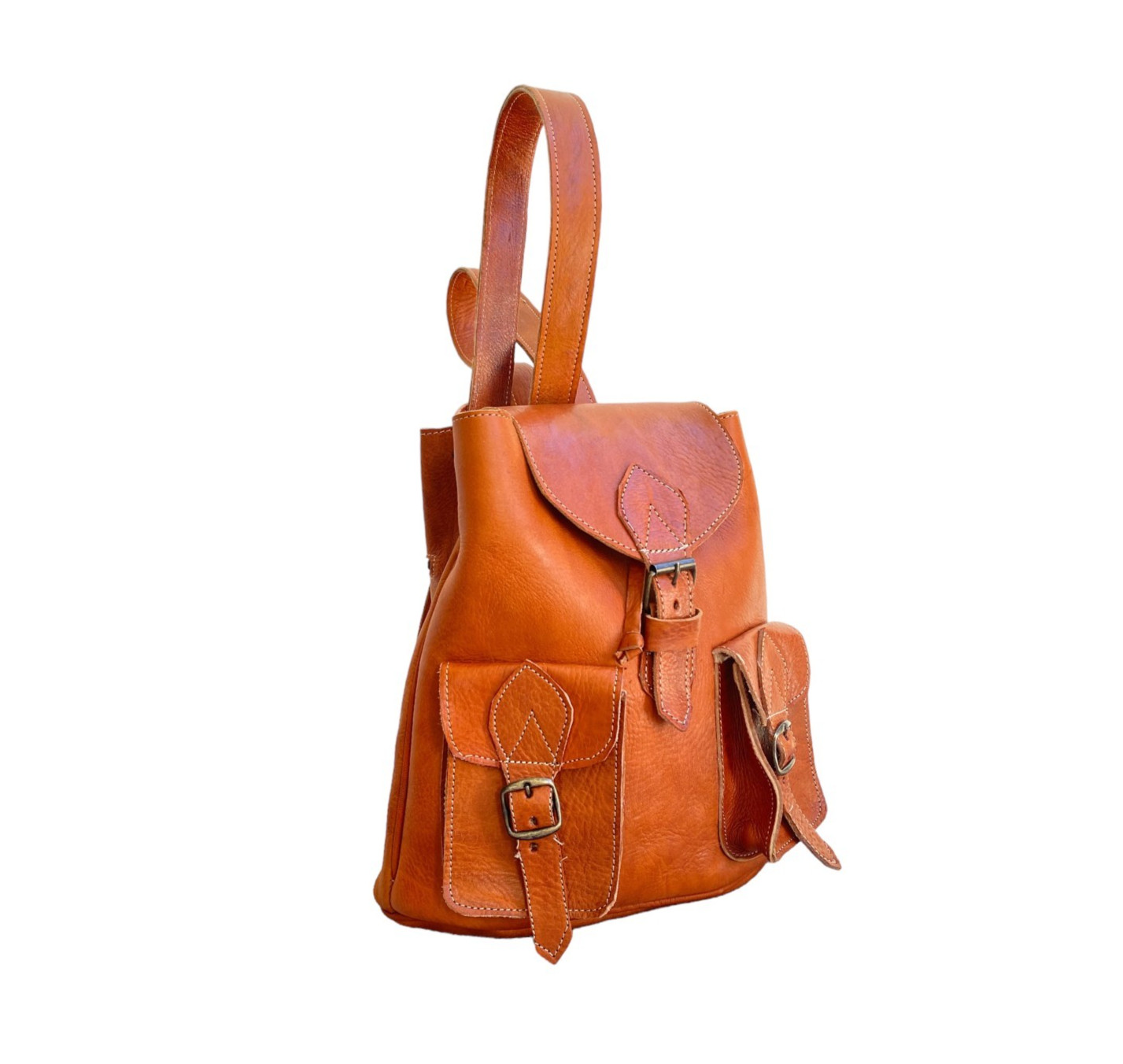 Cognac Leather Backpack Handmade Morocco 3 Pockets Belt Buckle Zip Bag