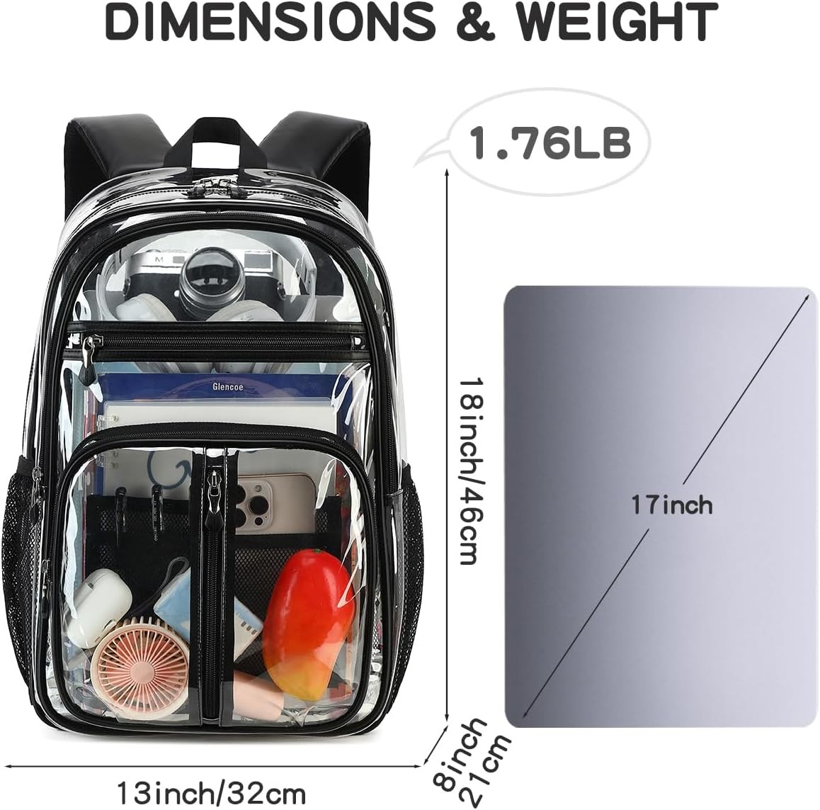 Extra Large Clear Backpack Heavy Duty for Adults, XL TPU 18In Black Bookbag | Se