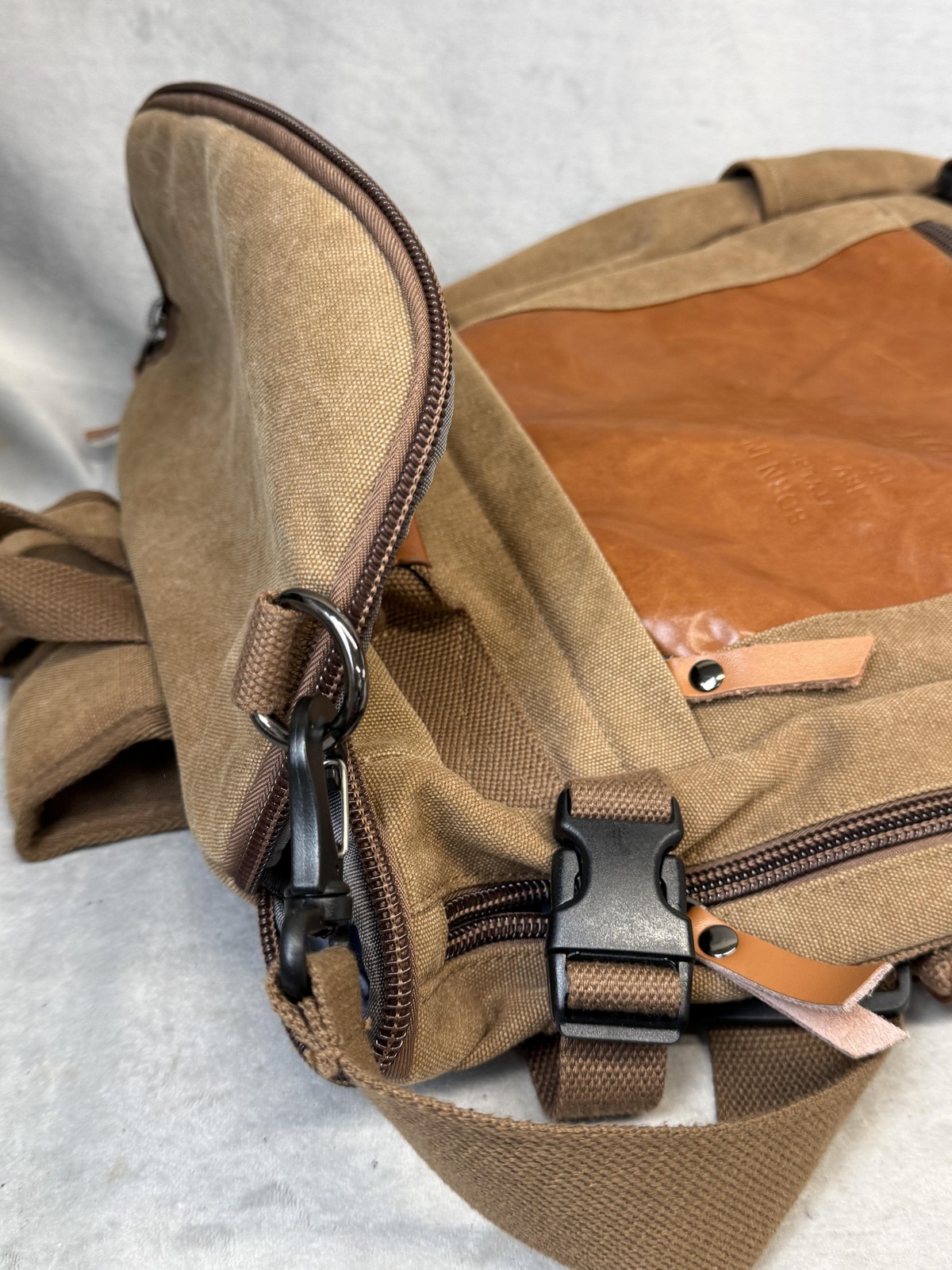 Witzman Backpack Mens Large Brown Canvas Faux Leather Convertible Travel Bag