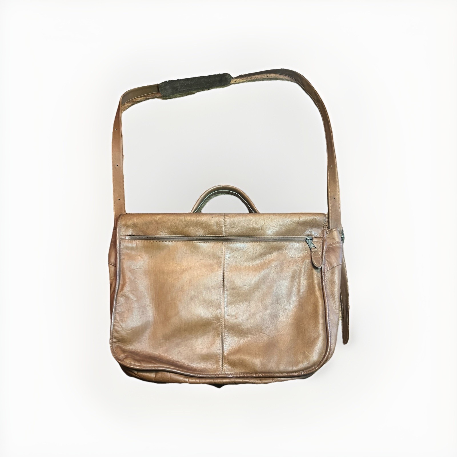 Caramel brown Genuine Columbia Leather Shoulder Laptop Satchel Bag. Satin Lining