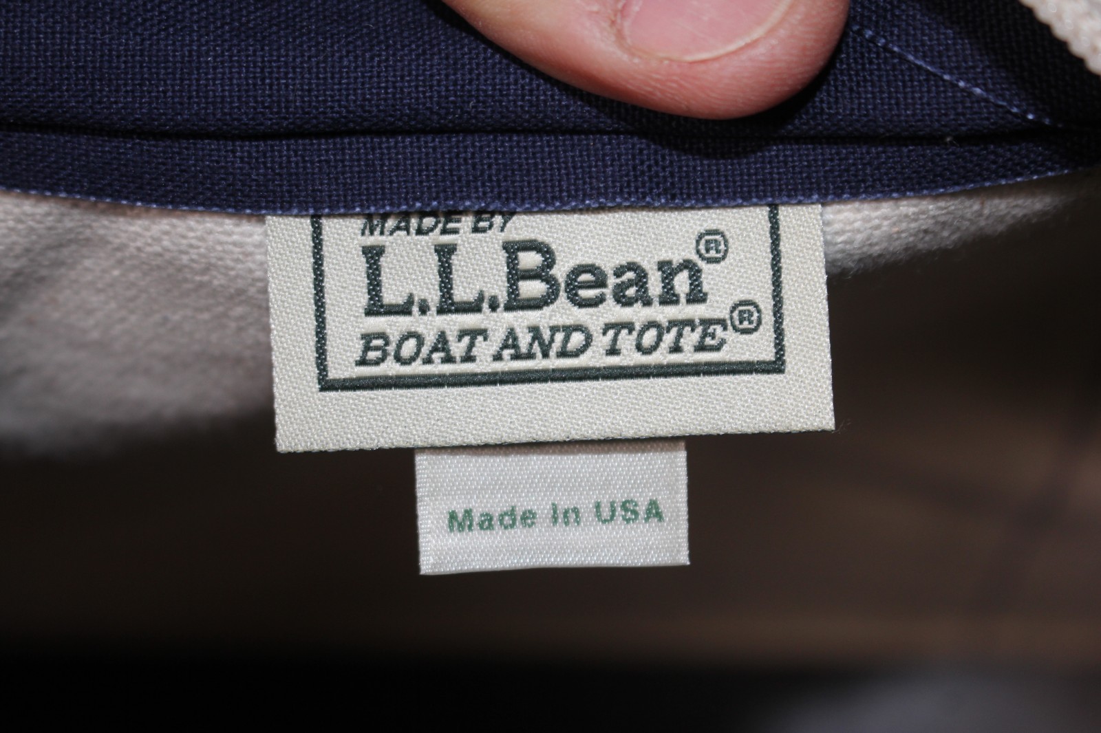LL Bean Boat & Tote Bag Blue/Ivory Zip Top Made in USA Embroidered Logo 17″