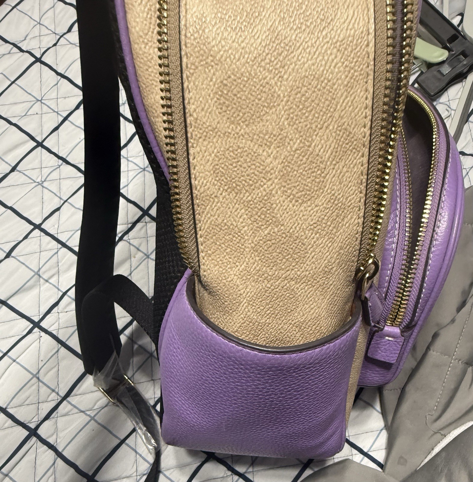 Coach Logo Backpack Purple Beige Zip Closure Adjustable Strap