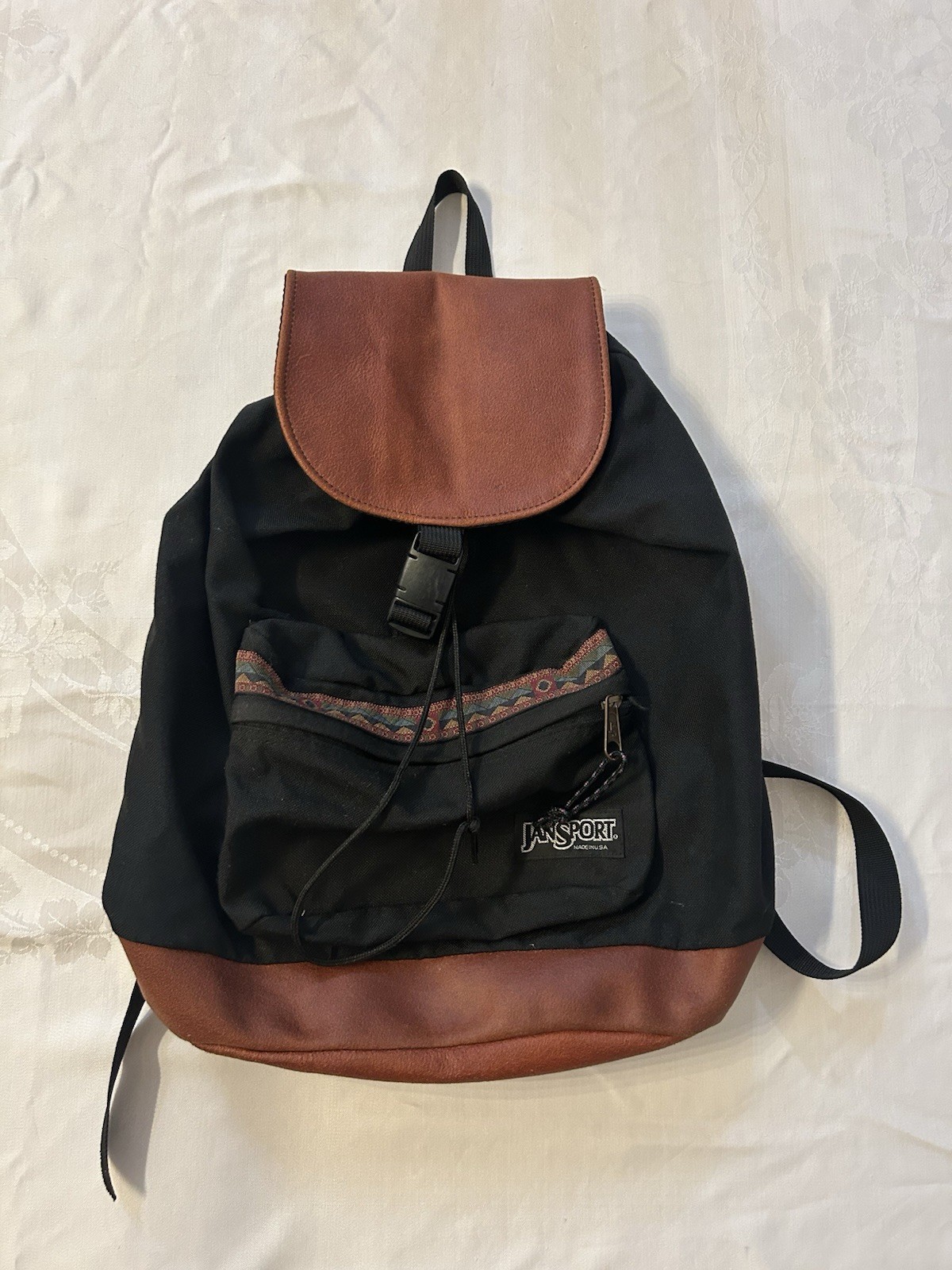 Vintage 90s JanSport Backpack Black Brown Suede Leather Native Print USA Y2K