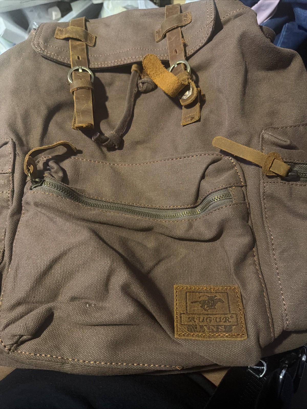 Augur Jans Brown Canvas Backpack Leather Trim Rucksack Mens Womens Bag
