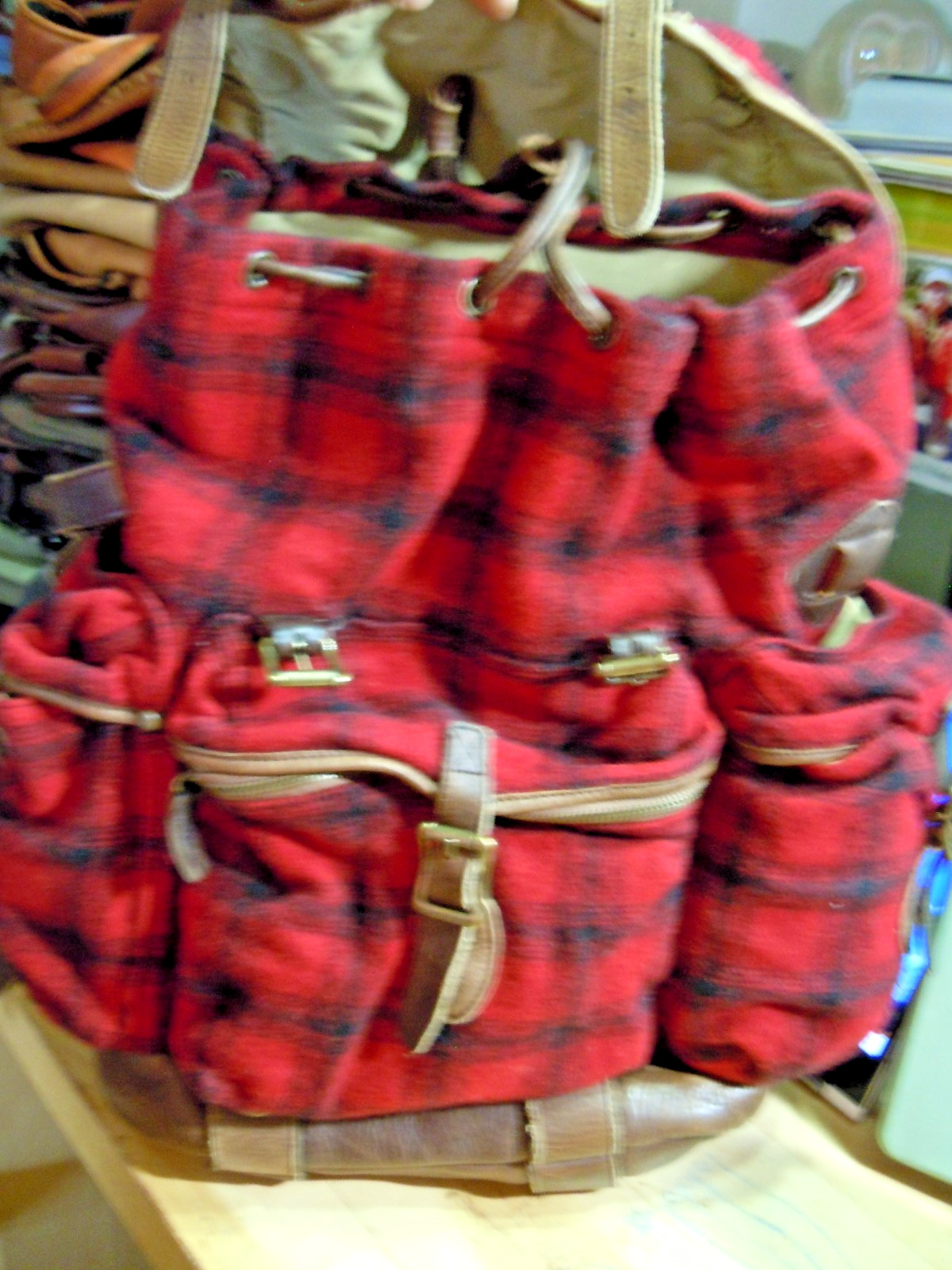 VTG LL Bean BACKPACK RUCKSACK wood Plaid Brown LEATHER Large “. #9