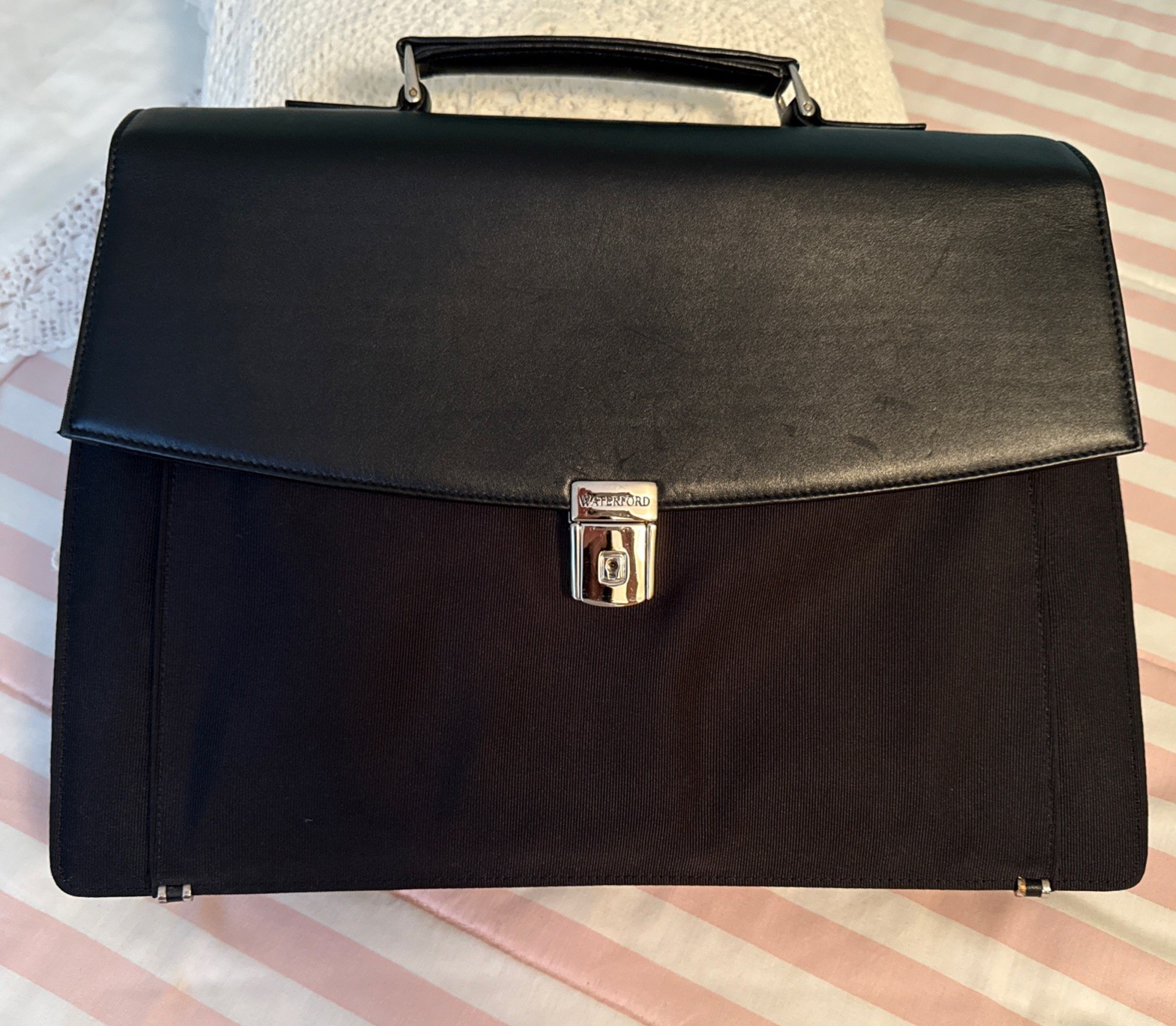 Waterford Leather Fabric Black Briefcase excellent- missing shoulder strap, key
