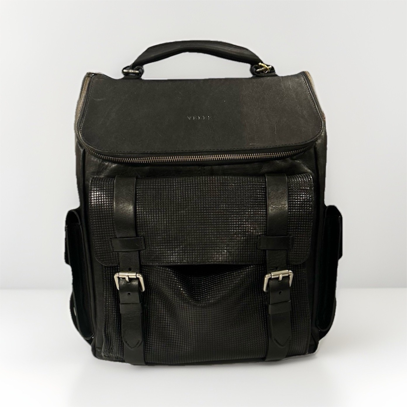Velez Black Leather Men Backpack Top Handle Zip & Buckle Adjustable Strap