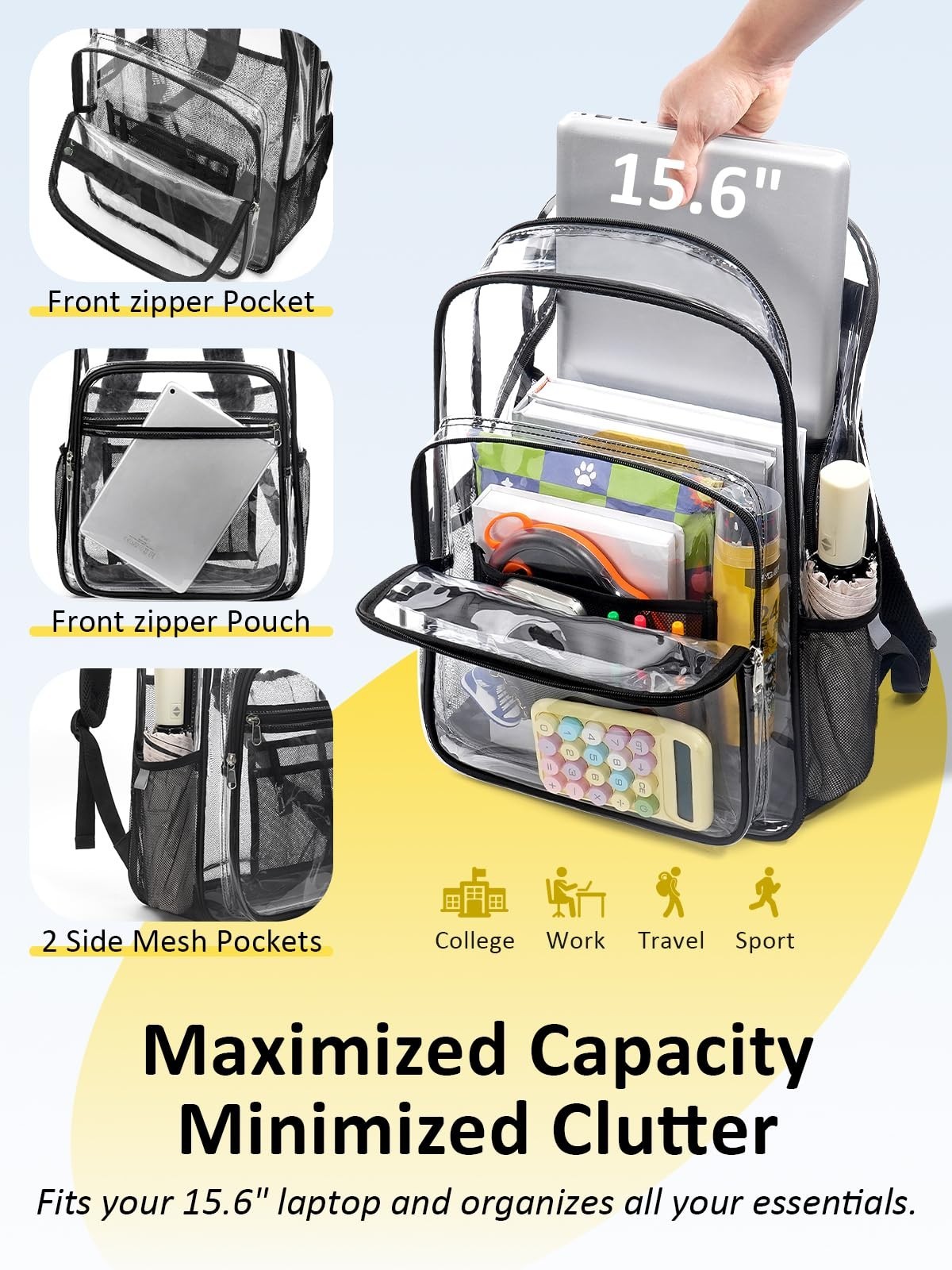 Heavy Duty Clear Backpack with TSA Lock – 18″ Transparent Bookbag for College, T