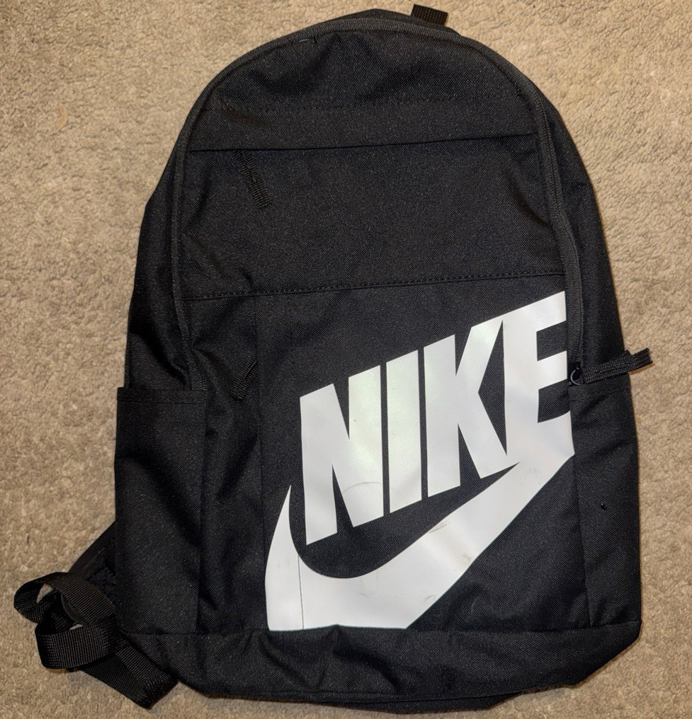Nike Black Backpack Zip Closure Large White Logo Padded Straps Outer Pockets