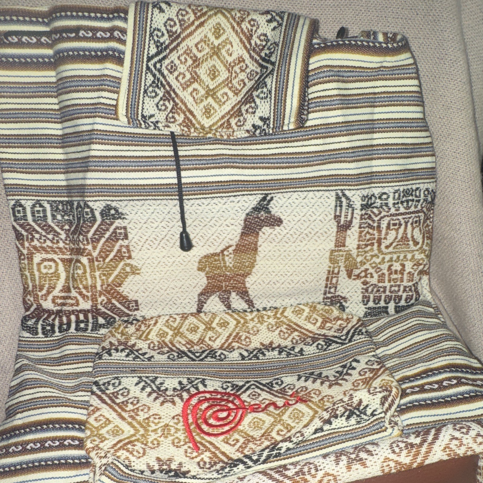 Multicolor Woven Drawstring Backpack Llama Aztec Striped Lined Adjustable Strap