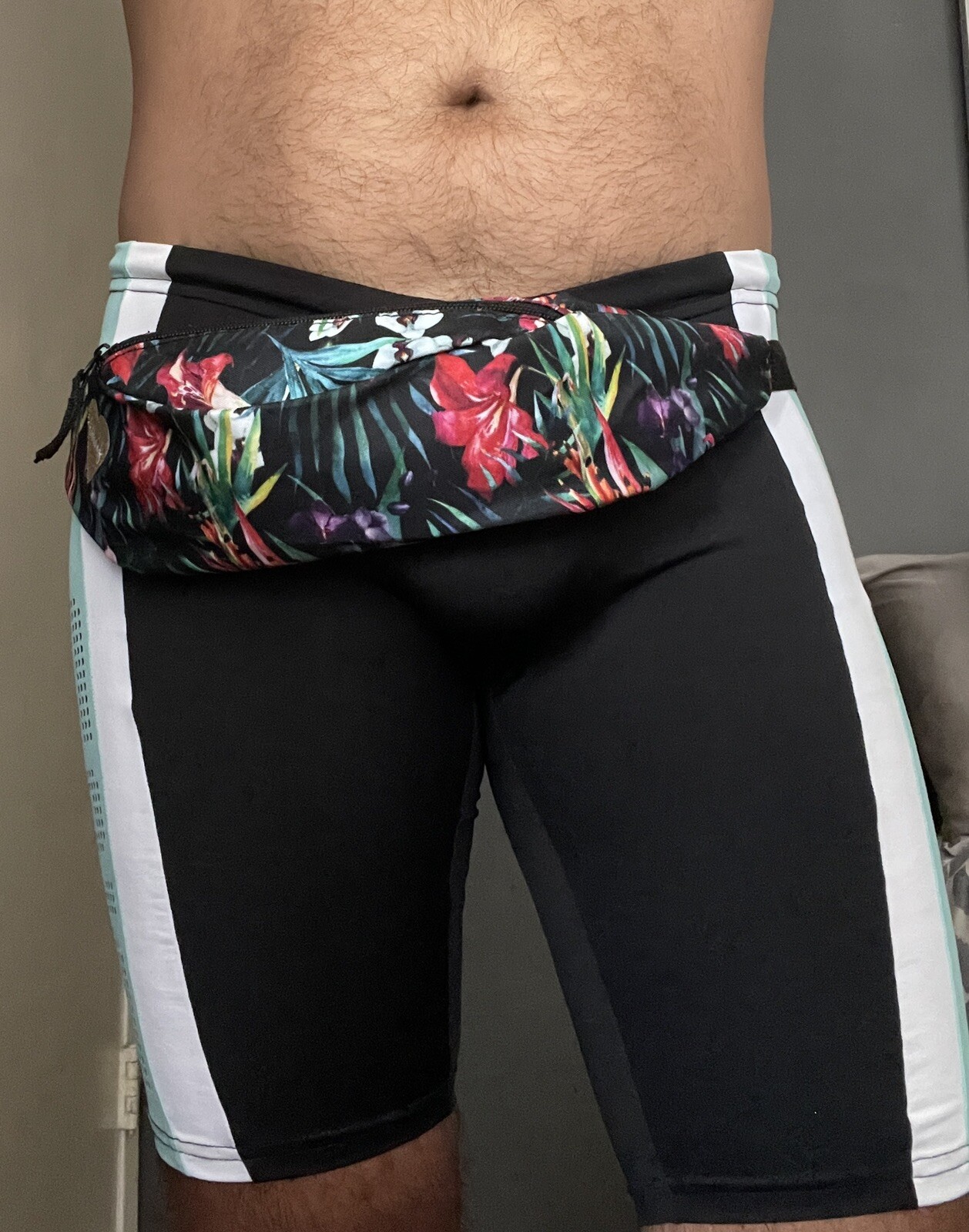 Black, Green, Pink & White Floral Print Fanny Pack Festival Bag Waist Belt