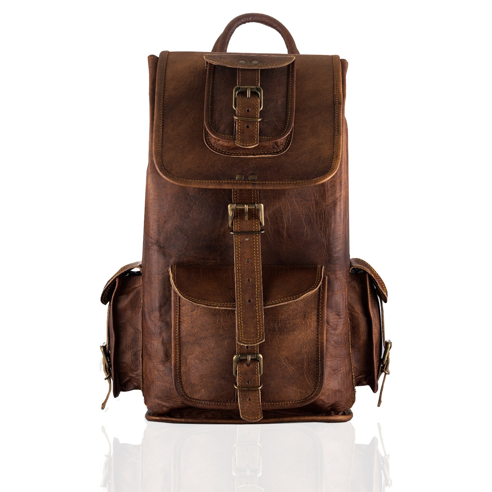 20″ Men’s Large Real Vintage Leather Backpack Brown Travel Rucksack Laptop Bag