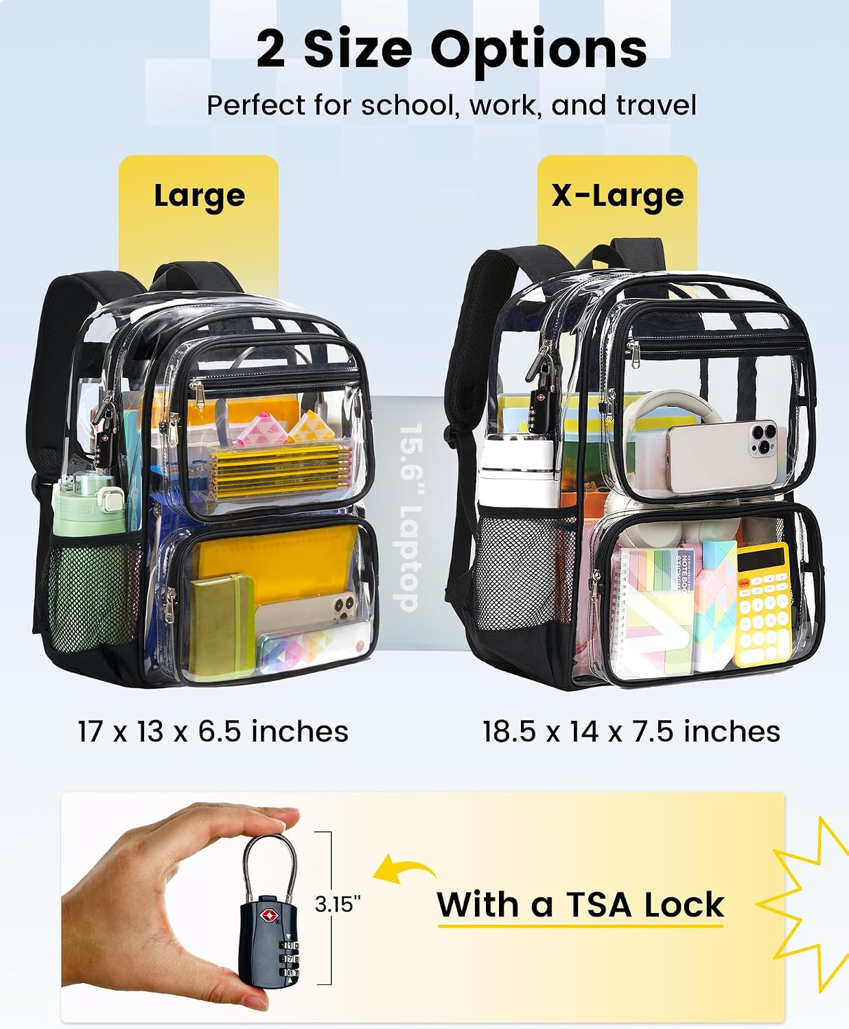 Clear Backpack with TSA Lock, Large Clear Bookbag, Black | Heavy Duty See throug