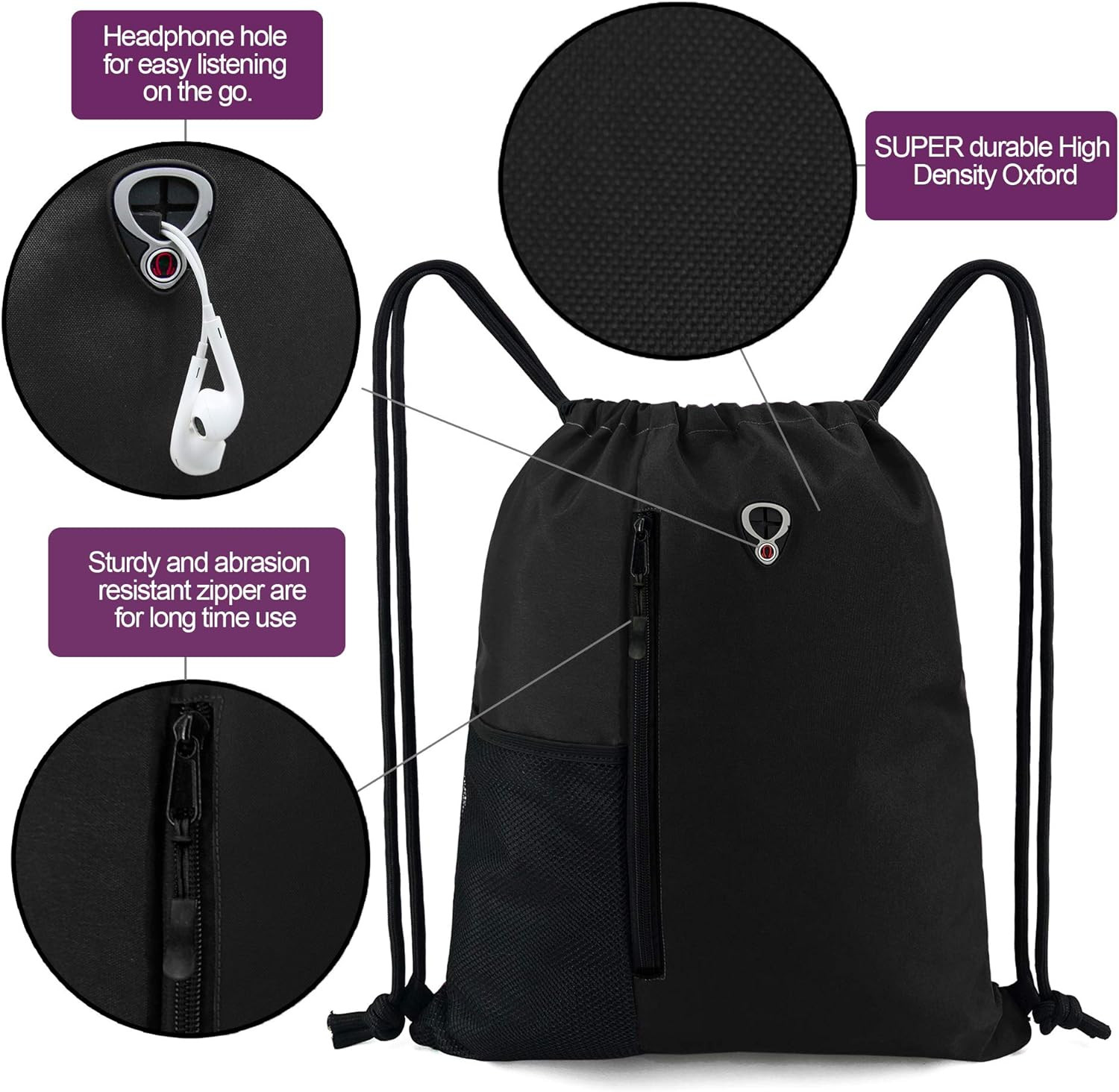 Black Drawstring Backpack Gym Bag for Men Women String Sports Backpack with Wate