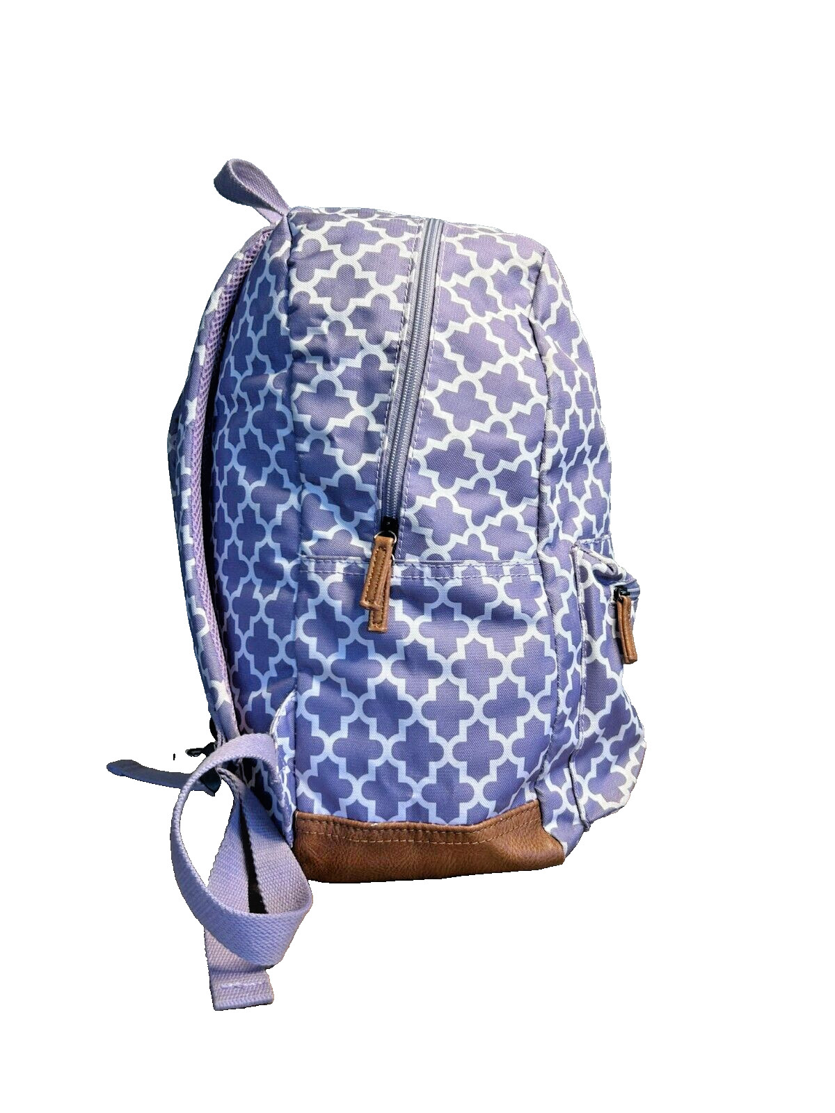 Cute Lightweight Purple& White print Backpack, Leather accents. Mult. zip pocke