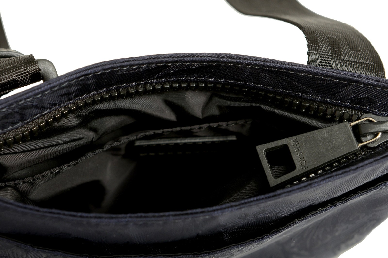 Versace Navy Heritage Print Silver Medusa Flat Fabric & Leather Crossbody Bag