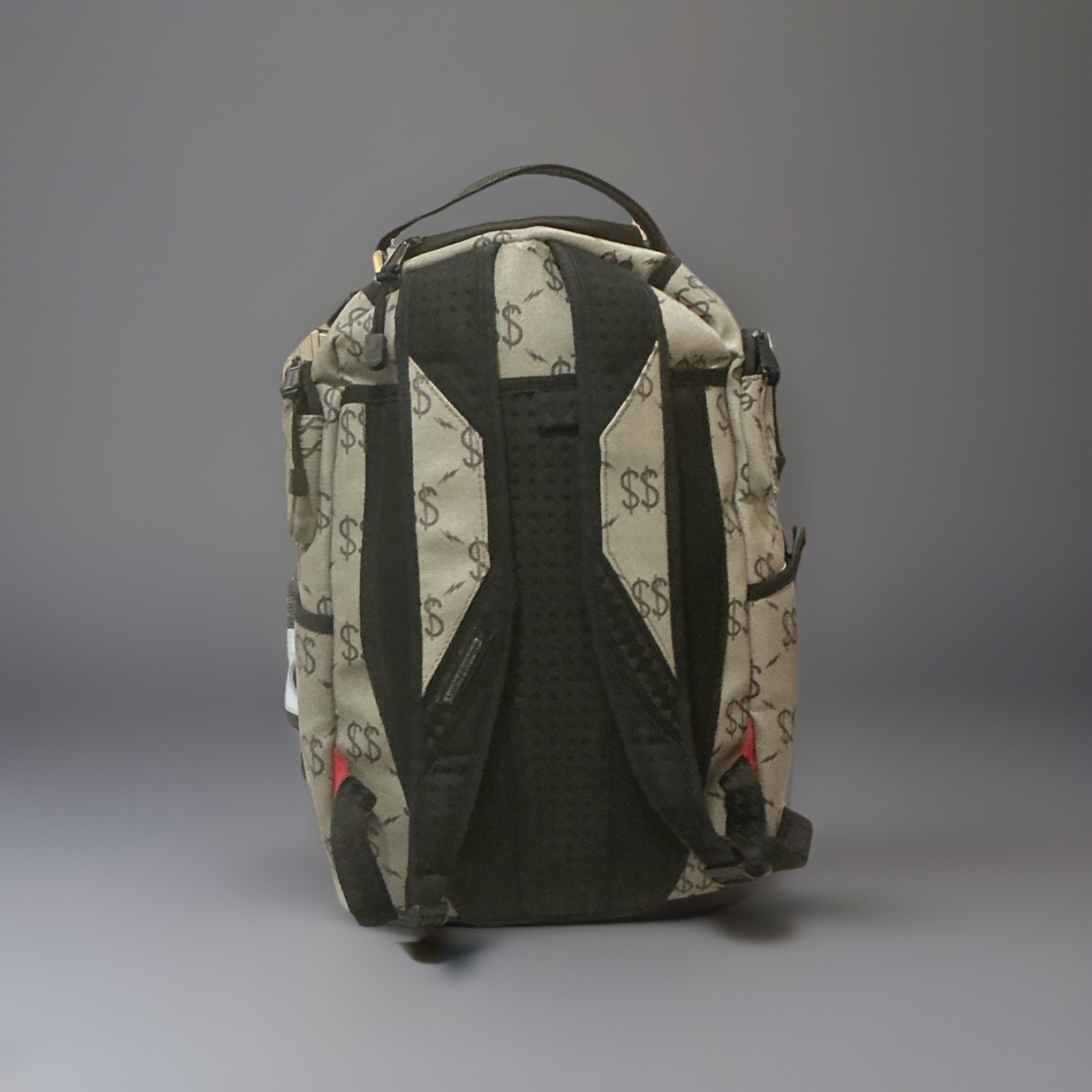 Sprayground Money Pattern Backpack Beige Black Adjustable Strap Outer Pockets