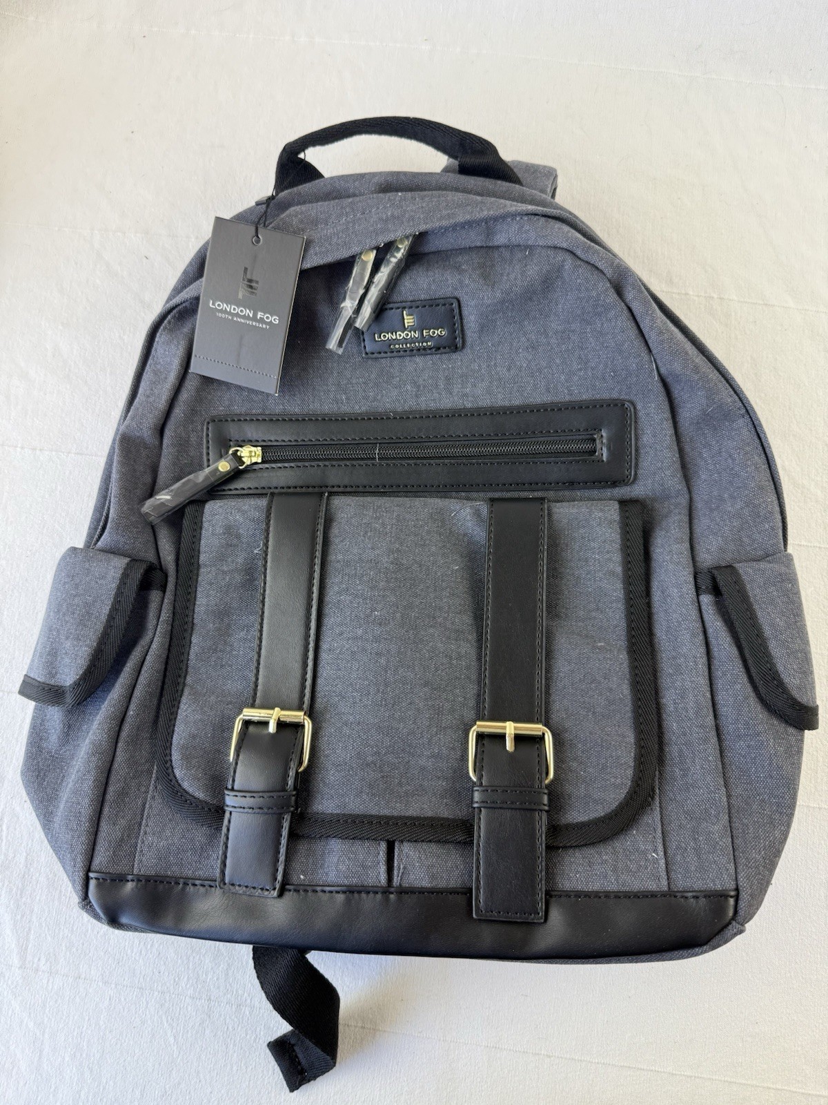 London Fog Collection Canvas Backpack Gray Denim Unisex Adult NEW MSRP $108
