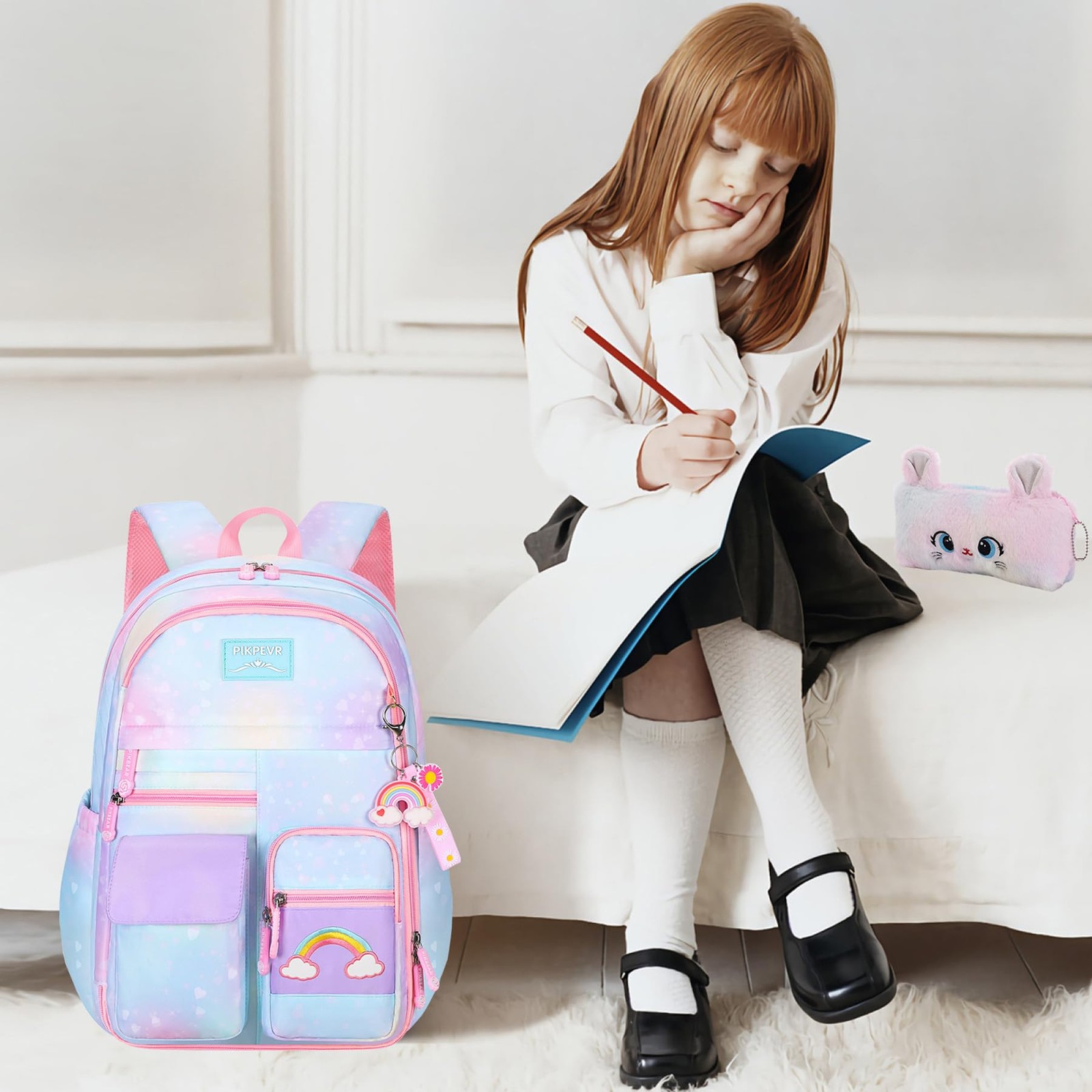 Rainbow Backpack For Girls ,Cute Student School Backpack With Pen Bag,Blue Ae…