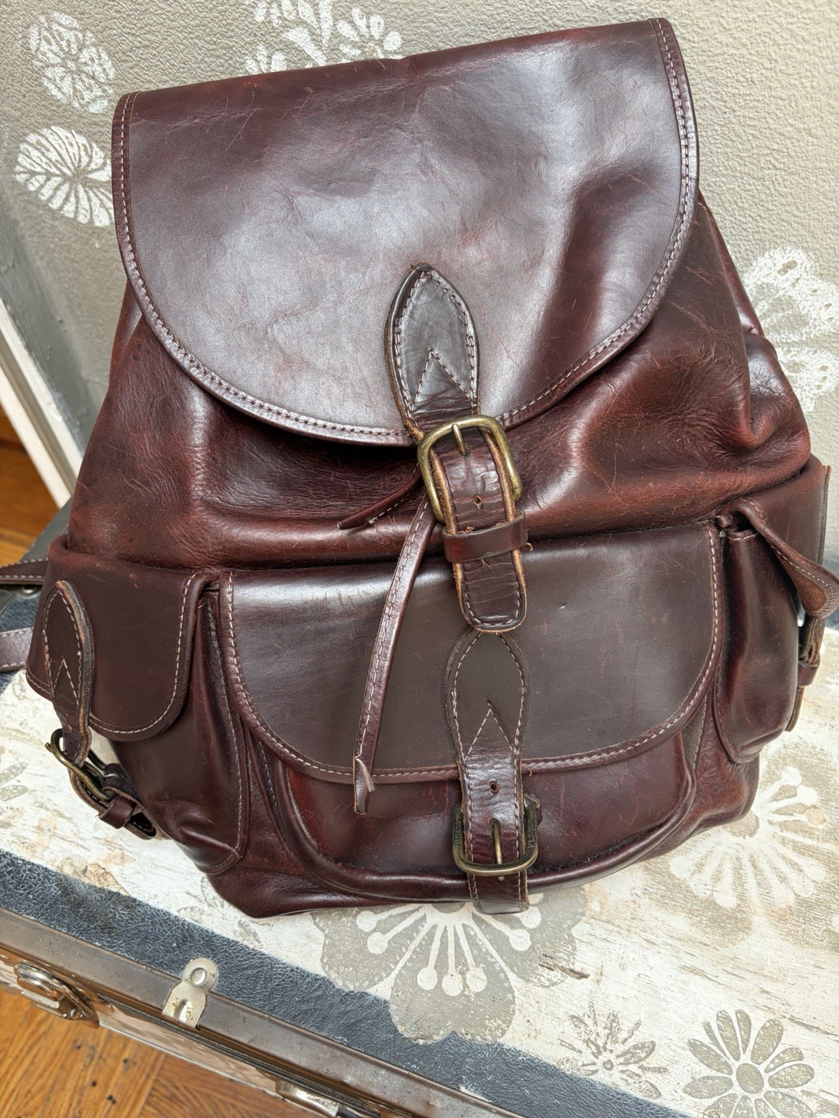 Vintage Chestnut Brown Leather Rucksack Travel Backpack