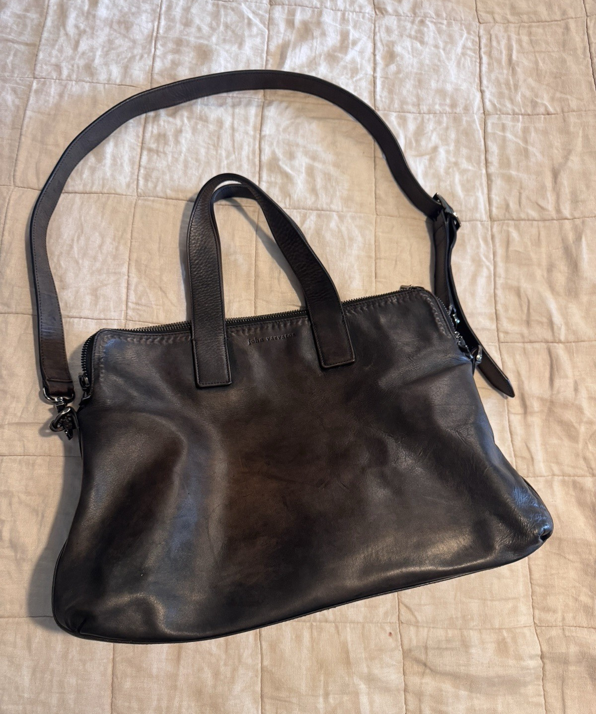 John Varvatos Leather Black Satchel Mens Shoulder Bag Briefcase Tote