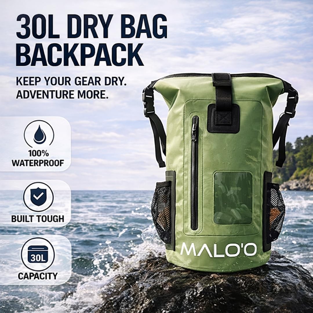 Malo’o 30L Waterproof Dry Bag Backpack – Roll Top Heavy Duty 500D PVC Dry Pac…