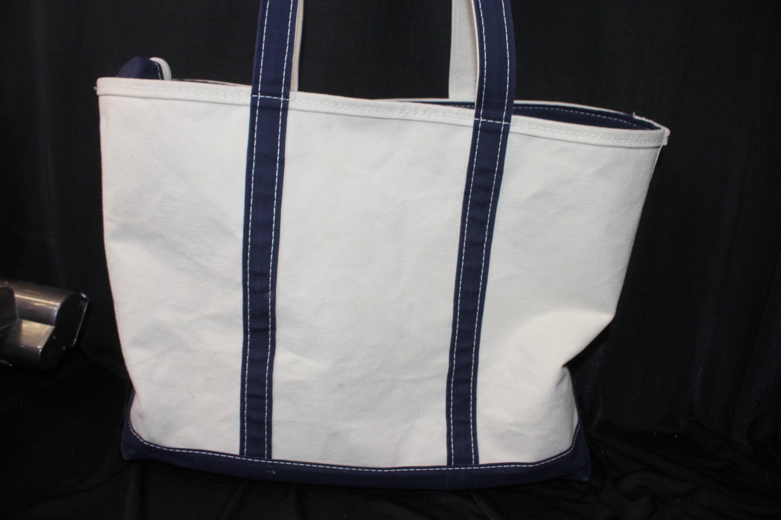 LL Bean Boat & Tote Bag Blue/Ivory Zip Top Made in USA Embroidered Logo 17″