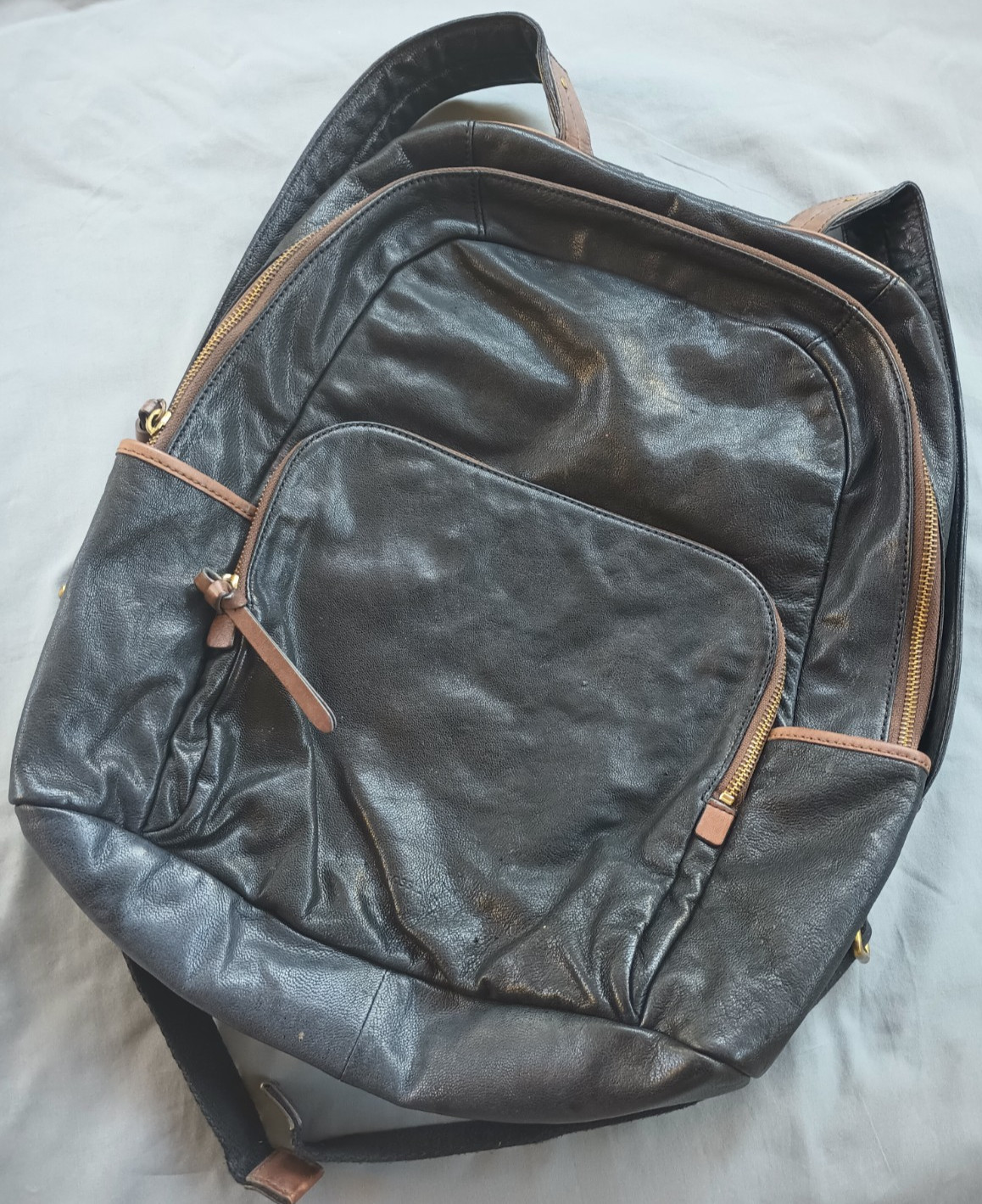 Fossil Goat Hide Leather Multi Pocketed Backpack Black Brown Weathered