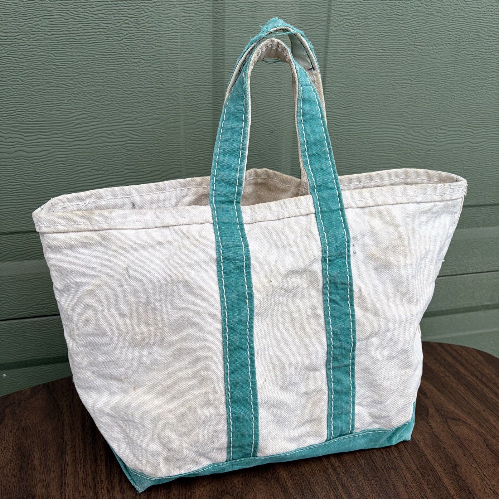 Vintage 80s LL Bean Boat & Tote Bag USA Canvas Beige Green Size S/M Distressed
