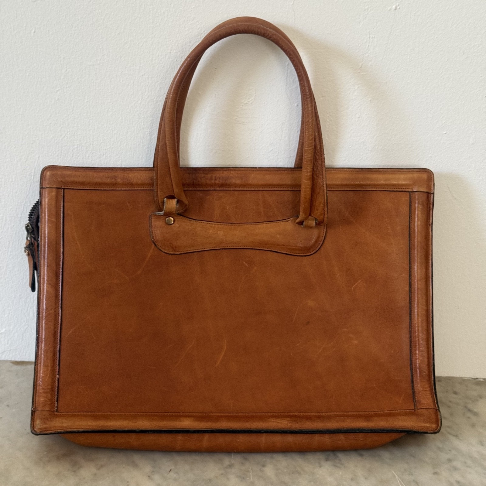 Vintage Cognac Leather Briefcase Portfolio Bag Executive Work Tote with Zipper