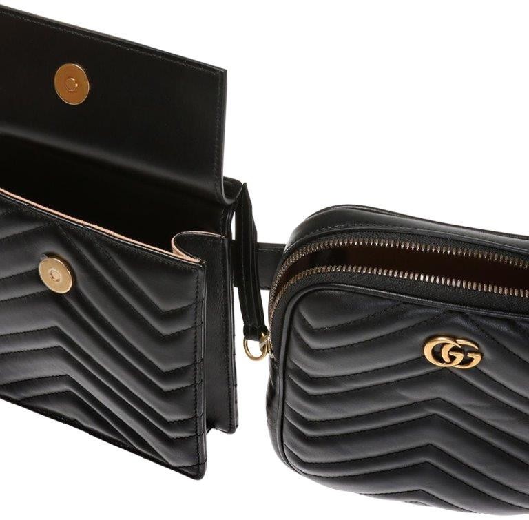 NEW GUCCI GG MARMONT TRAPUNTA CHEVRON BLK LEATHER DOUBLE BELT BAG 100/40 UNISEX