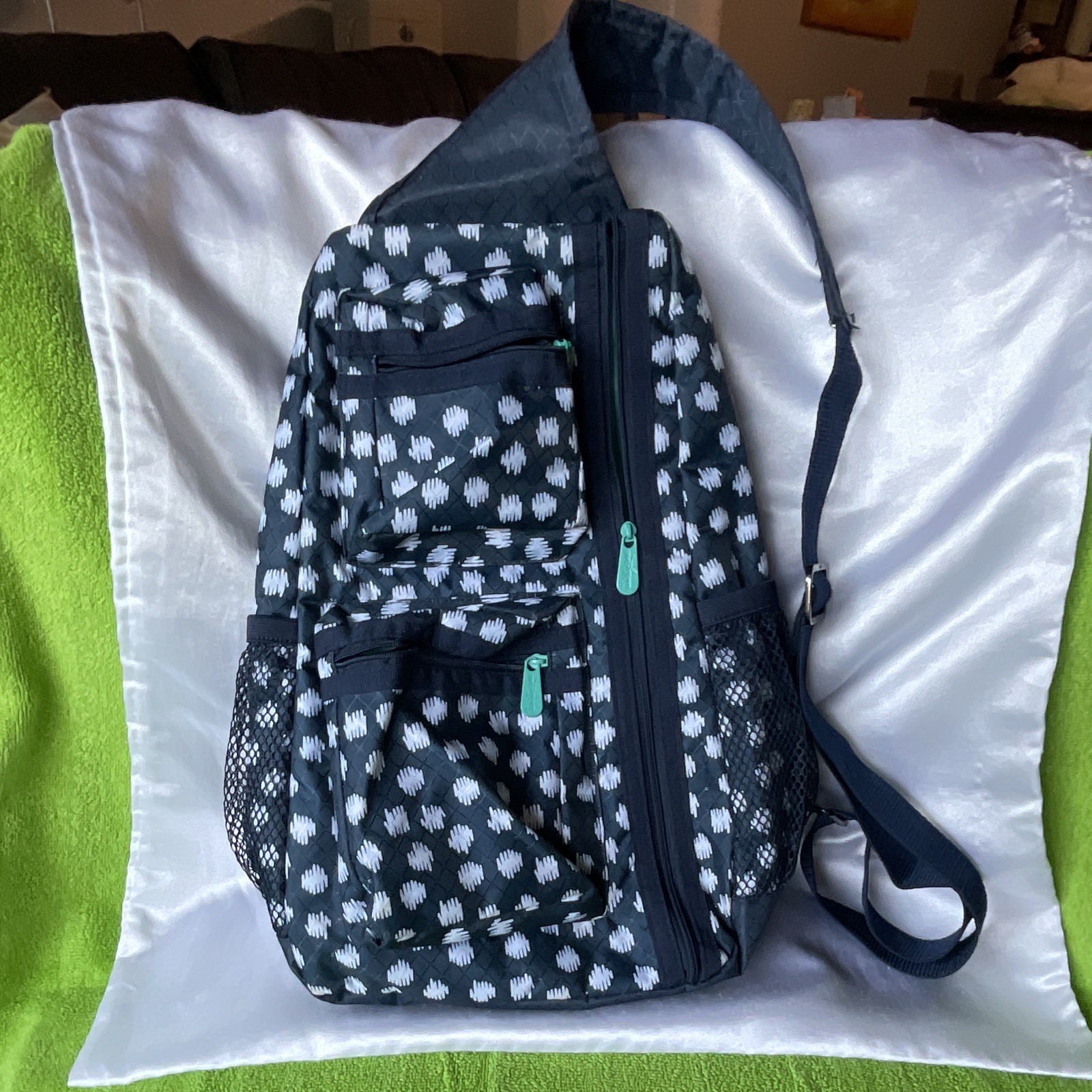 Black & White Polka Dot Sling Crossbody Bag Zipper, Adjustable Strap, Pockets