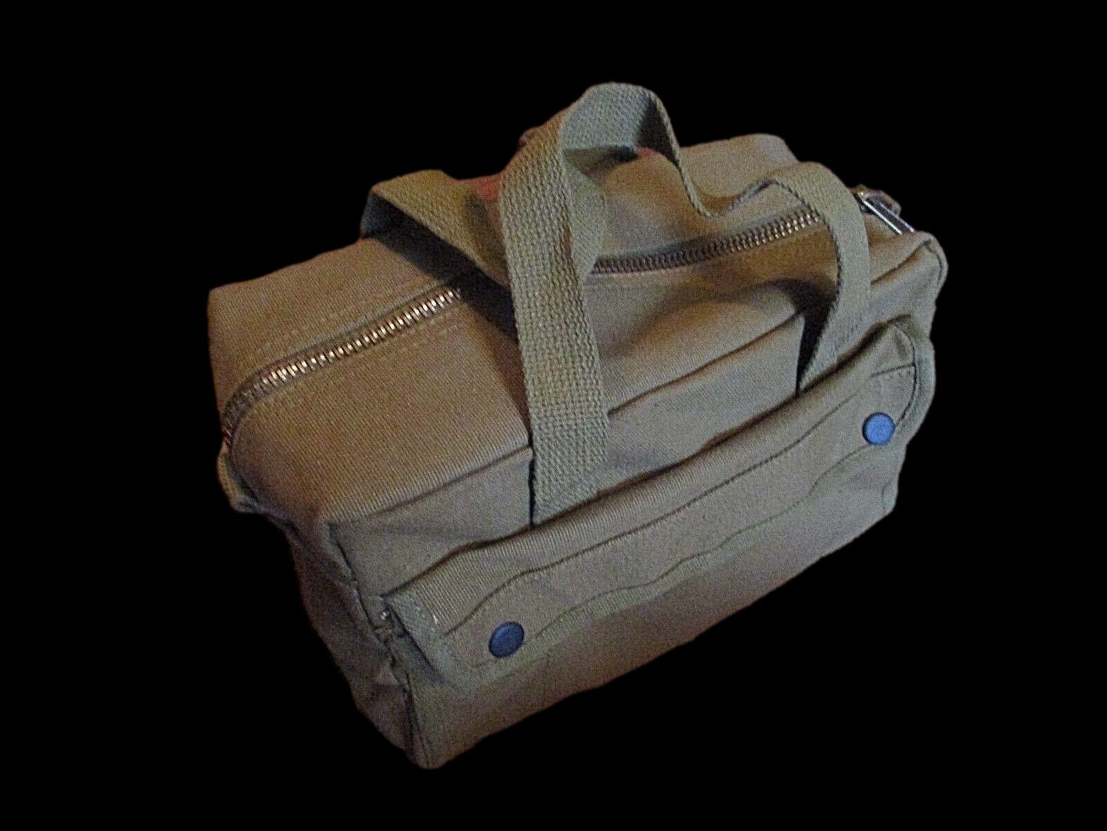 HEAVY DUTY GREEN MILITARY STYLE MECHANICS HARD BOTTOM TOOL BAG BRASS ZIPPER