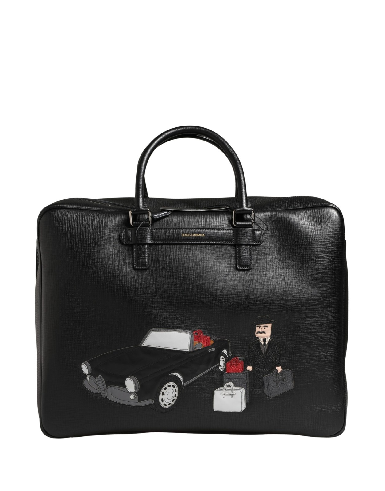 Dolce & Gabbana Black Car Man Applique Leather Weekender Borse Men’s Bag