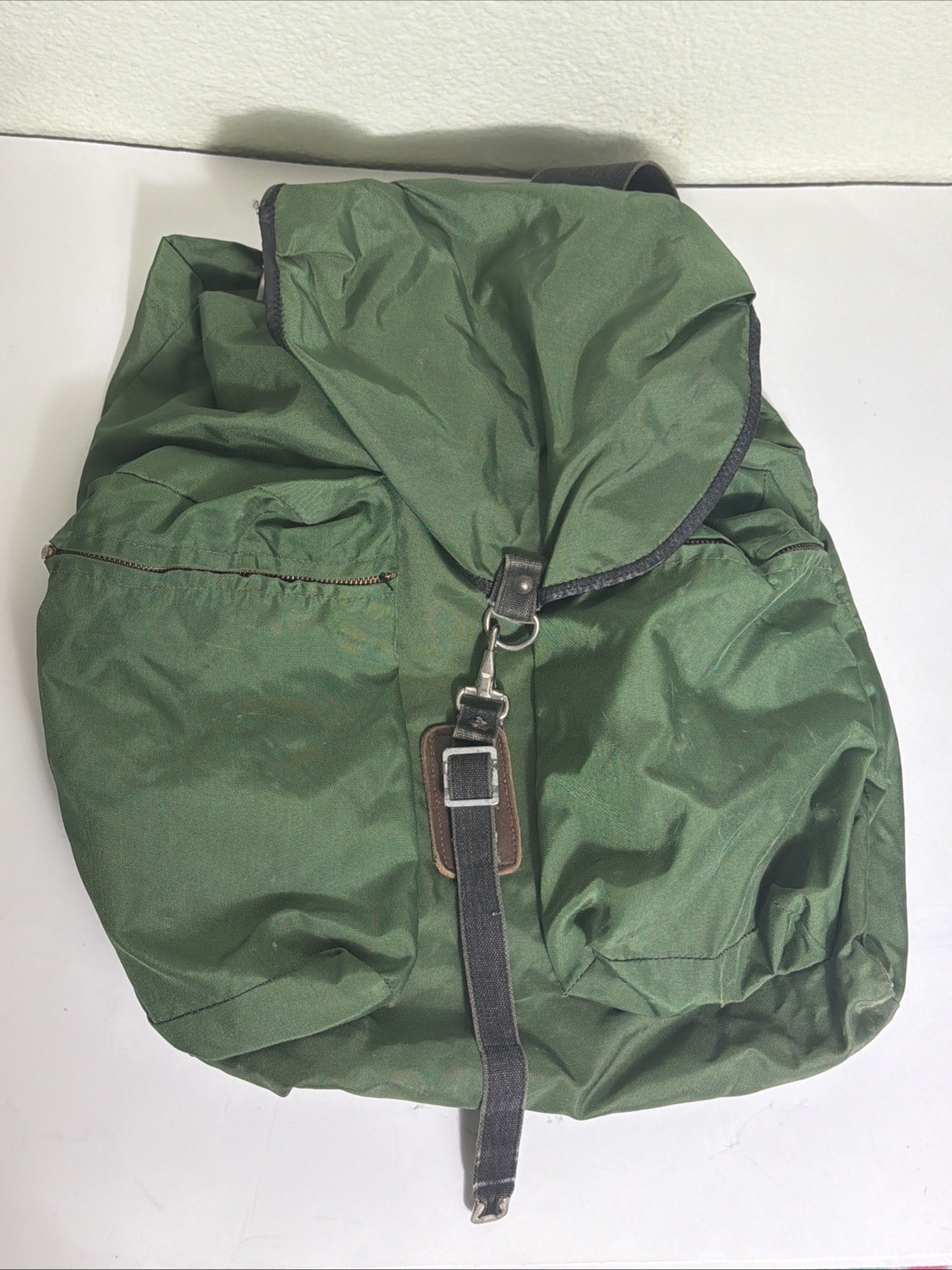 Vintage Small Green Hiking Rucksack Nylon Leather Cotton 16x16x4