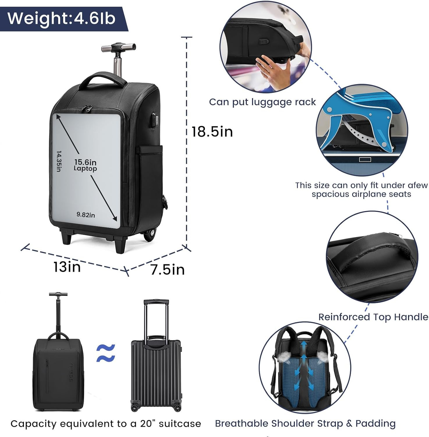 Rolling Backpack with Wheels 15.6 Inch Laptop Travel Carry On Waterproof Black