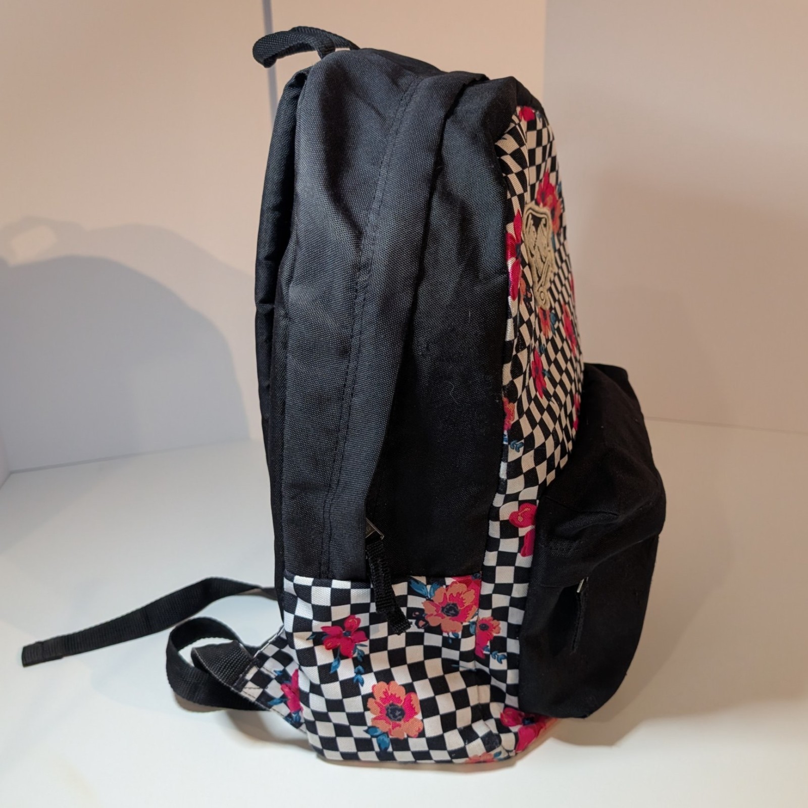 Vans Off The Wall Backpack Black White Checkered Floral with Pink Roses, Daypack