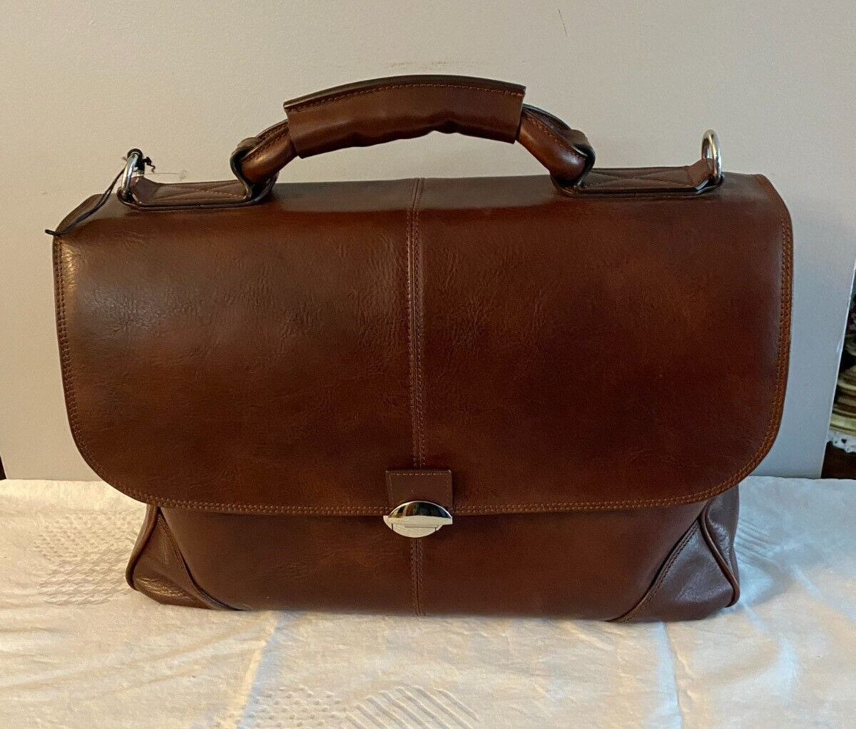 Bosca Leather Flapover Briefcase Brown 813-218 NWOT missing shoulder strap