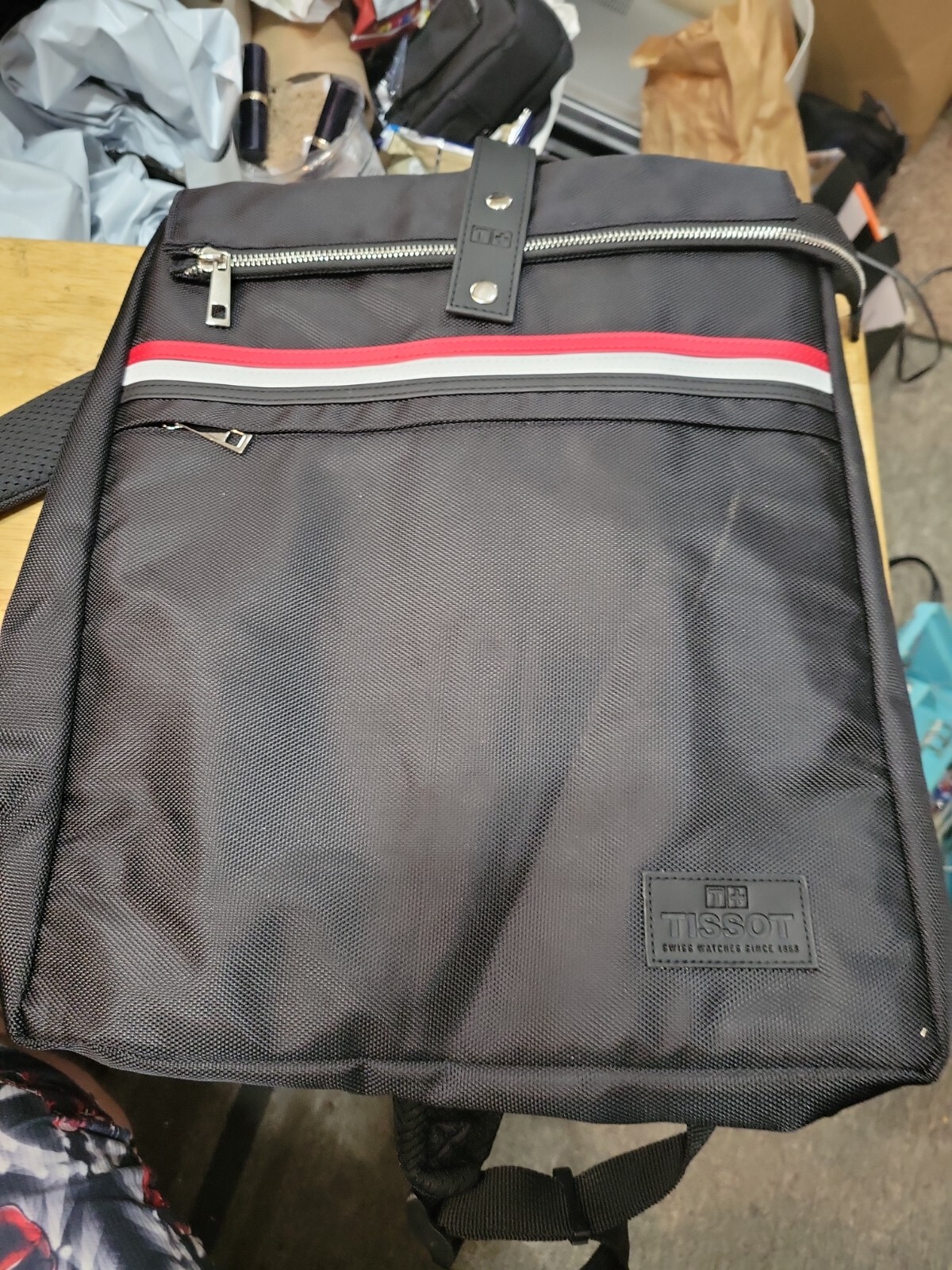 Tissot Swiss Watch Backpack Laptop Bag Padded Black Red Striped Carry On Travel